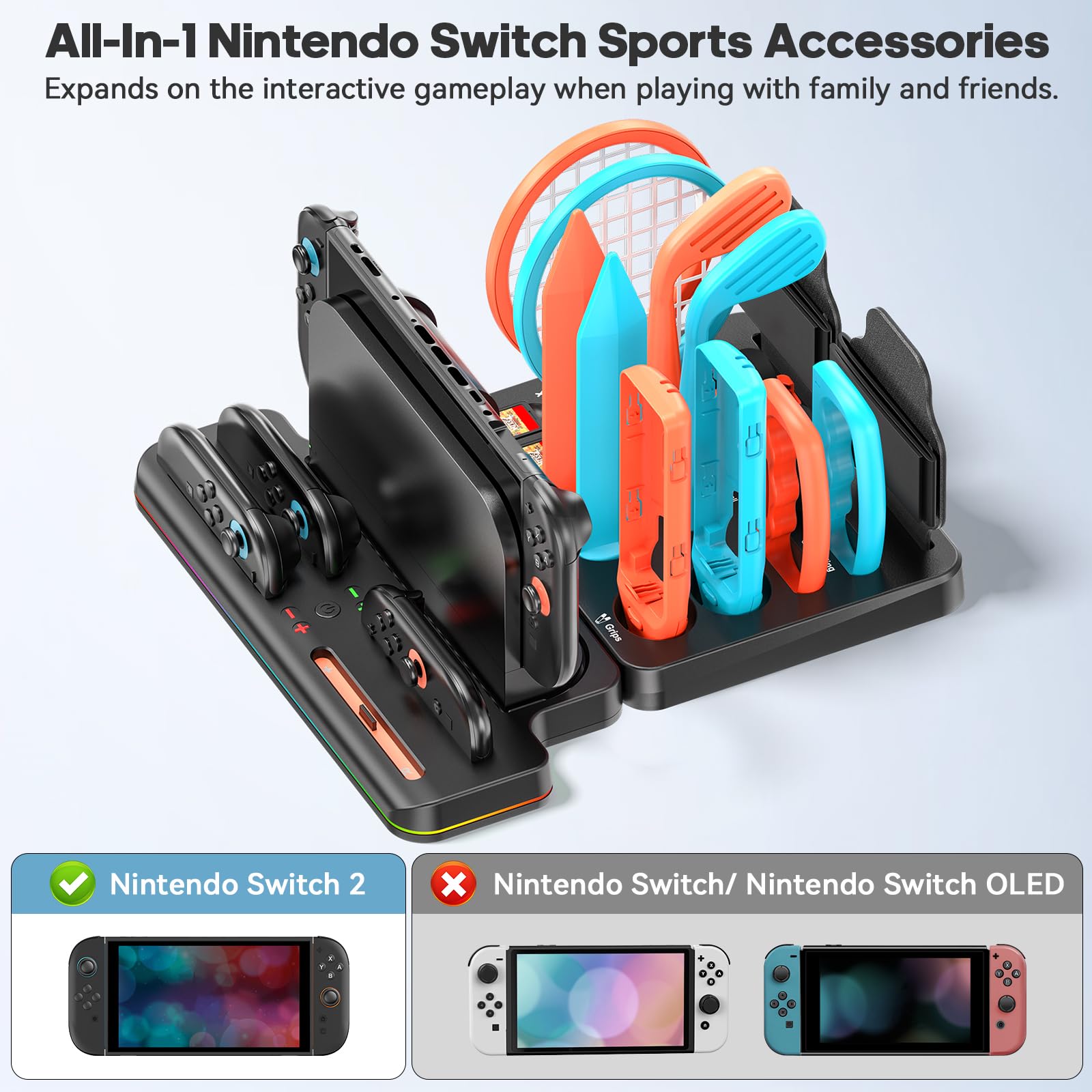 All-In-1 Kit Accessori per Switch 2 Sports con Stazione di Organizzativa & Caricatore Joy-con 2, Switch Organizer per Gioco Sport Nintendo Switch 2025, Switch 2 Accessories Kit Sports per la Famiglia