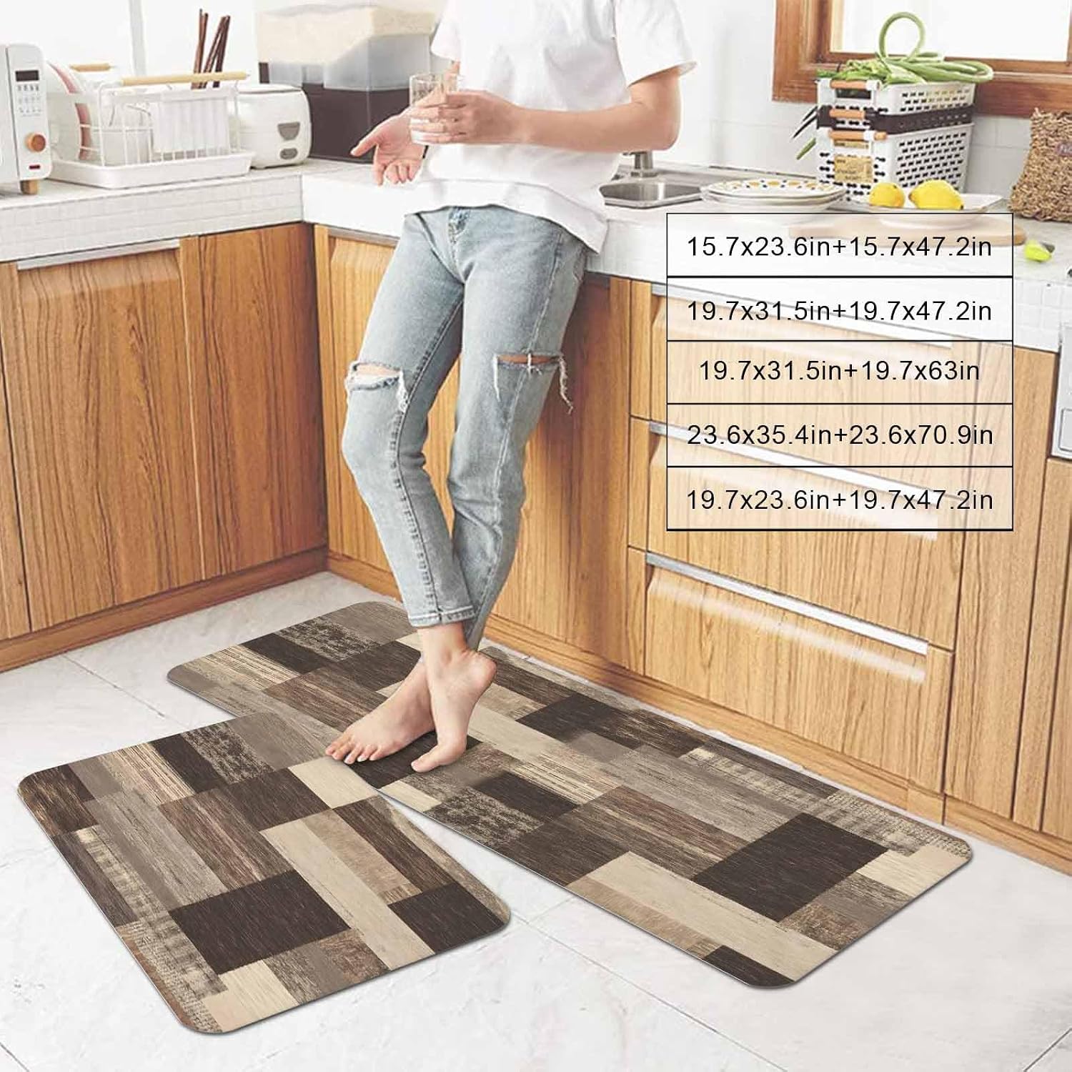 Prime Leader Brown Wood Stripes Kitchen Mat Set 2 Pieces Retro Geometric Brown Wood Plank Non Slip Kitchen Rugs Washable Runner Rug Mats for Sink Laundry (15.7" x 23.6"+15.7" x 47.2")