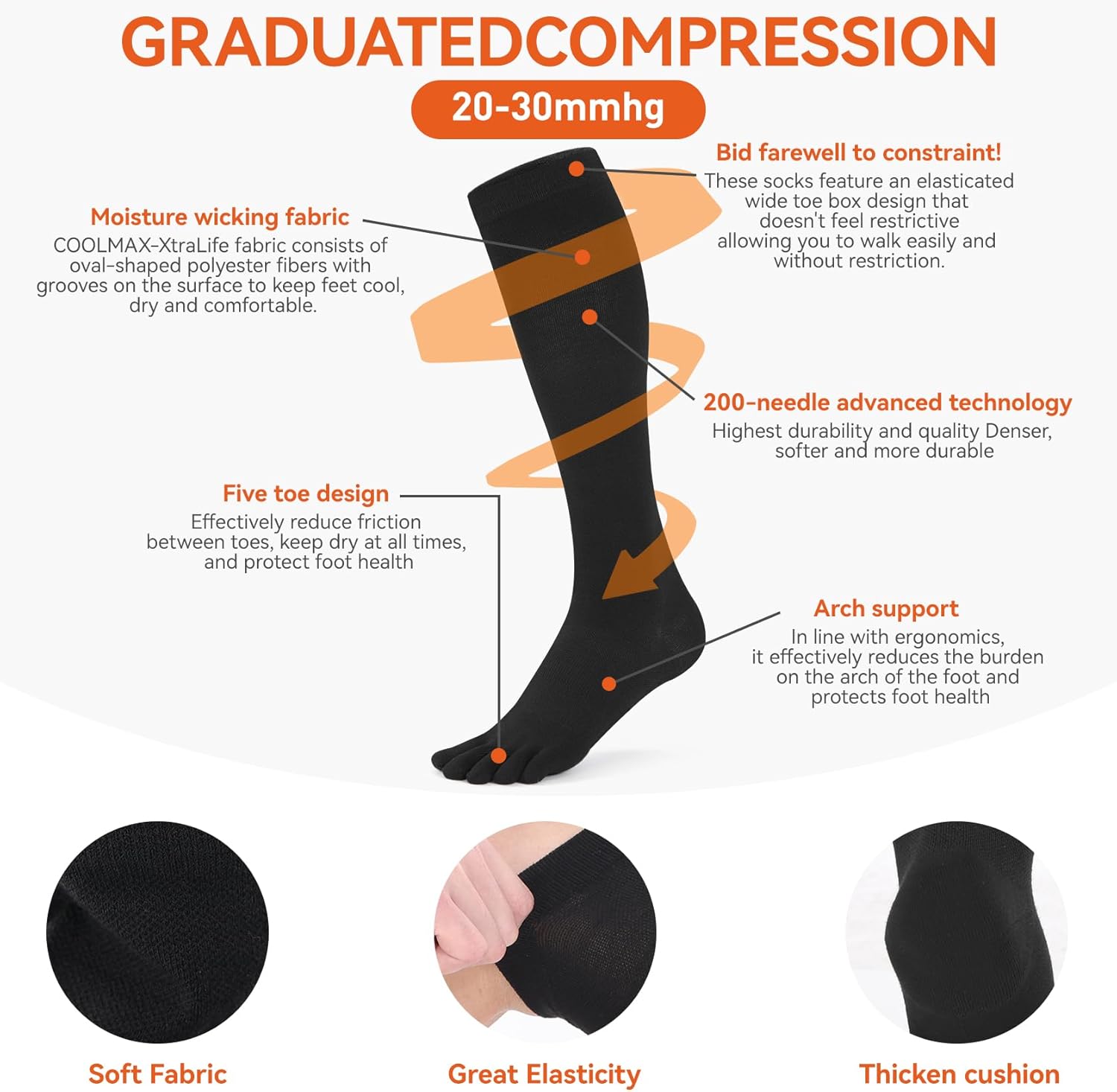 Coolmax Toe Compression Socks Breathable – Knee-High Support Socks with Enhanced Comfort for Running & Travel - Image 3
