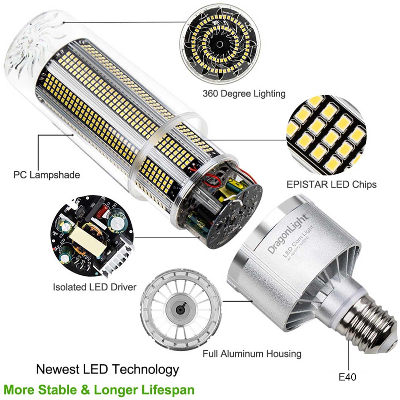 DragonLight - 240W Lampadina a LED a forma di mais super luminosa da (sostituisce 1400 Watt) Base E40, 5000K luce bianca fredda, 32400 lumen, per grandi aree, garage, officine, cortili