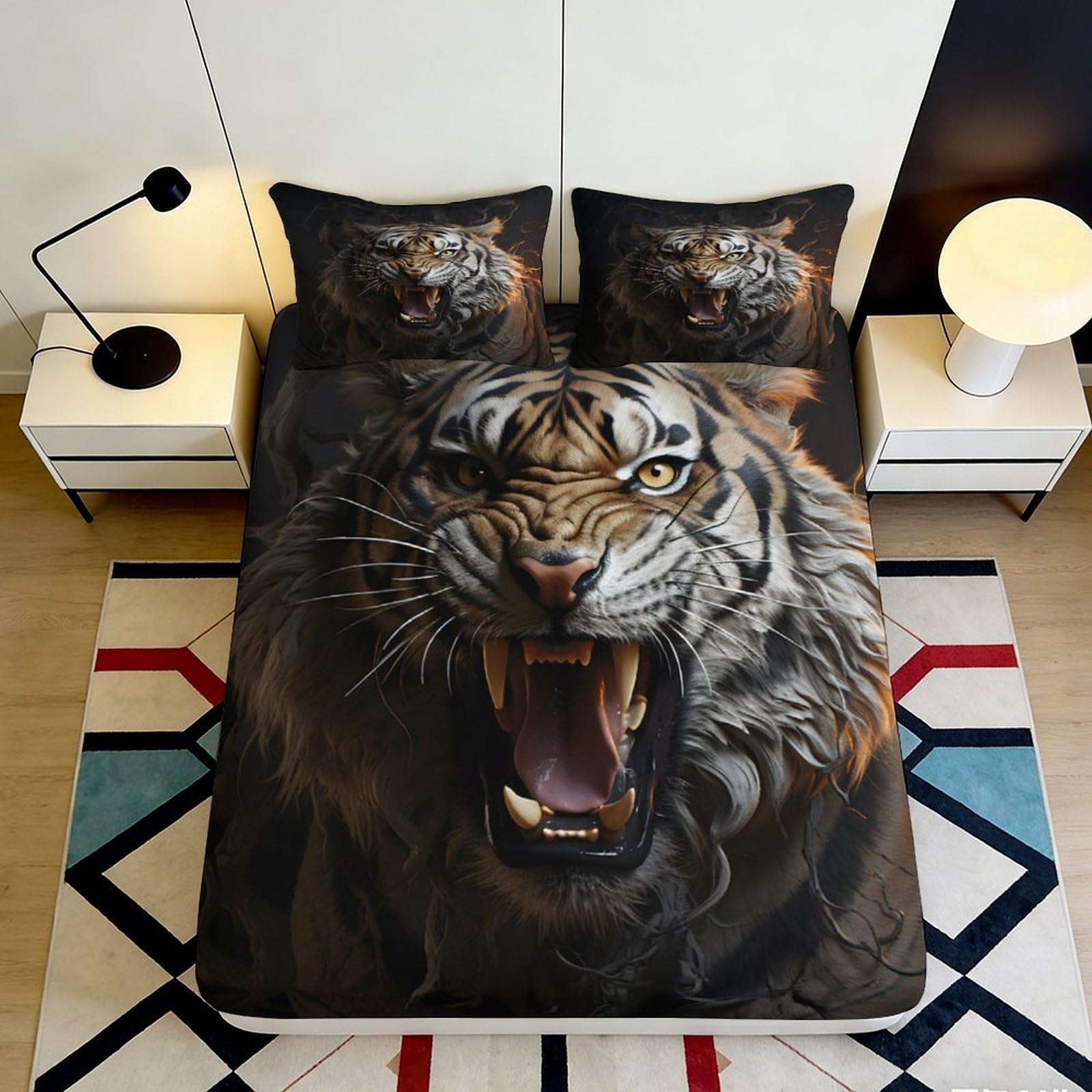 3D Printed Roaring Tiger Fitted Sheet Microfiber Soft Breathable Fierce Animal Bed Cover for Bedroom Dormitory Guest Room Mattress Protection Decor 180x200x25cm