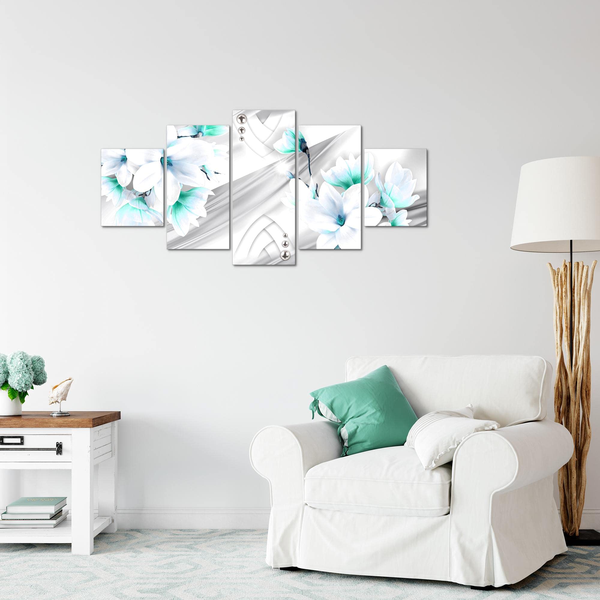 Tableau Mural Magnolia 4 Parties - Déco Moderne Vert/gris (toile Tendue, Sans Cadre)