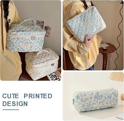 Miniatura 2 de Everfunny Juego de 3 bolsas de maquillaje acolchadas de algodón, bolsa de cosméticos de algodón floral, bolsa organizadora de viaje para mujeres y