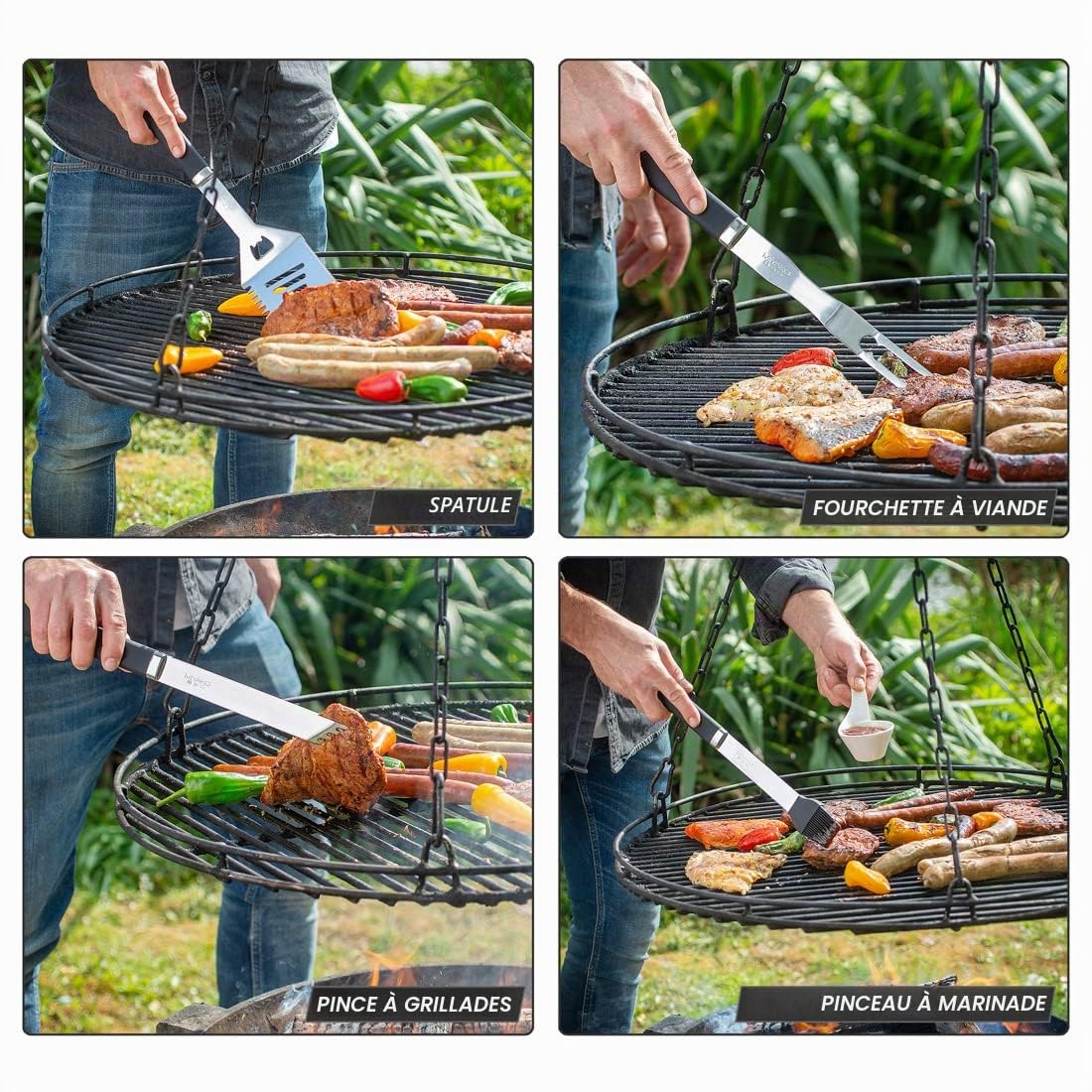 Set 5 ustensiles de Barbecue Pince Fourchette spatule Pinceau Sac BBQ Acier INOX
