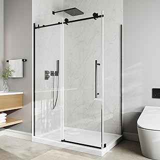 Frameless Corner Shower Enclosure 44-48" W x 32" D x 72" H, Matte Black Sliding Corner Glass Shower Door with 5/16"(8mm) Clear SGCC Tempered Glass, Leak-Proof, Easy Installation