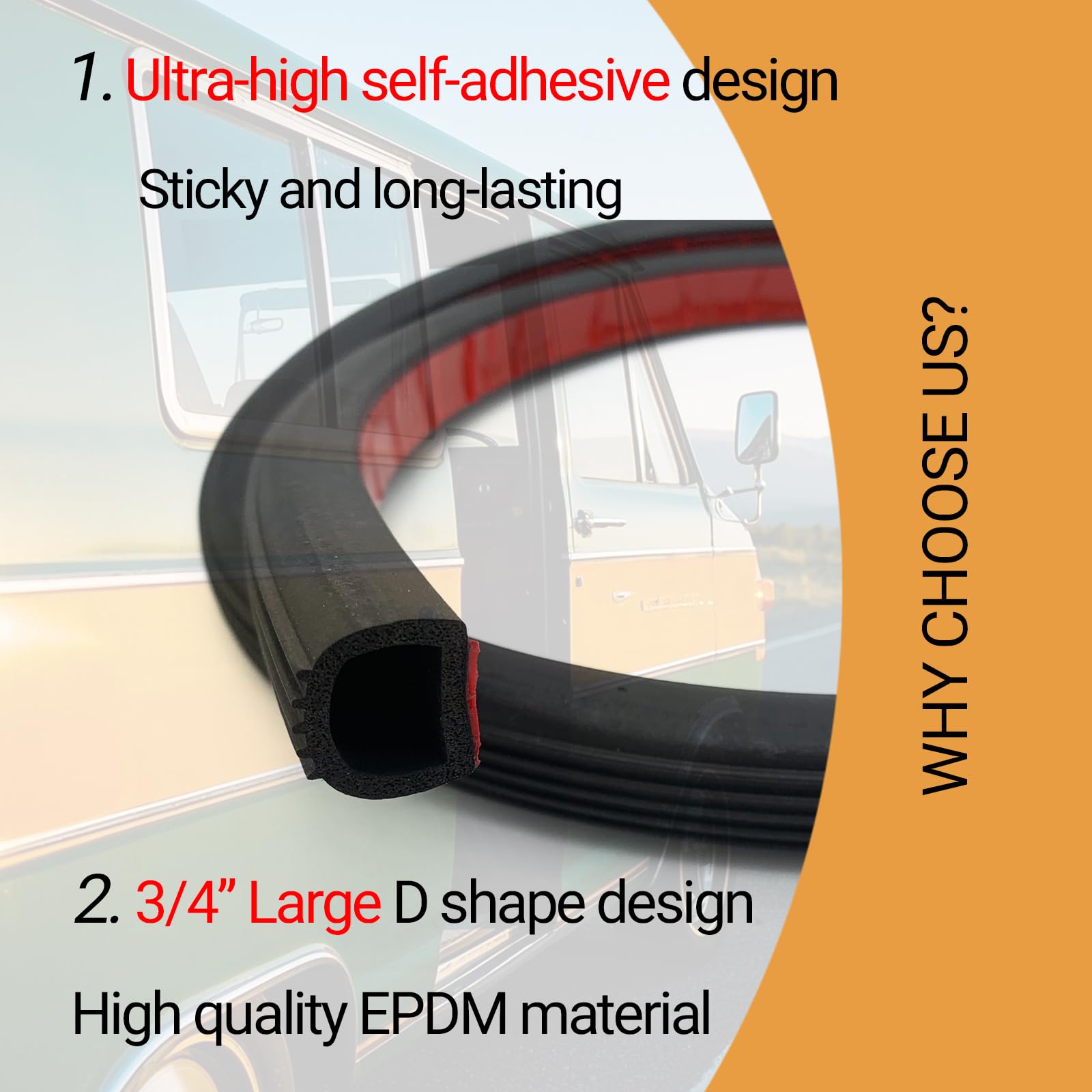 Tira de sellado de goma en forma de D, 3/4 pulgadas autoadhesiva de EPDM para automoción, barco, caravana, marina, puertas de cochera/ventana y más, 20 pies