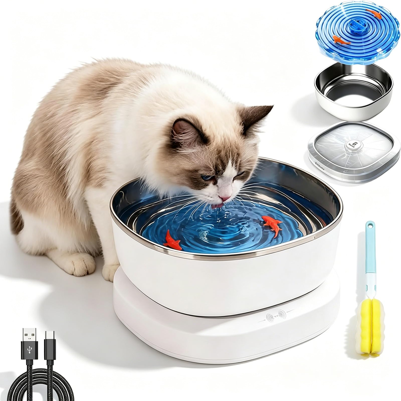 Fuente de agua magnética para gatos sin cables evita agua estancada acero inoxidable