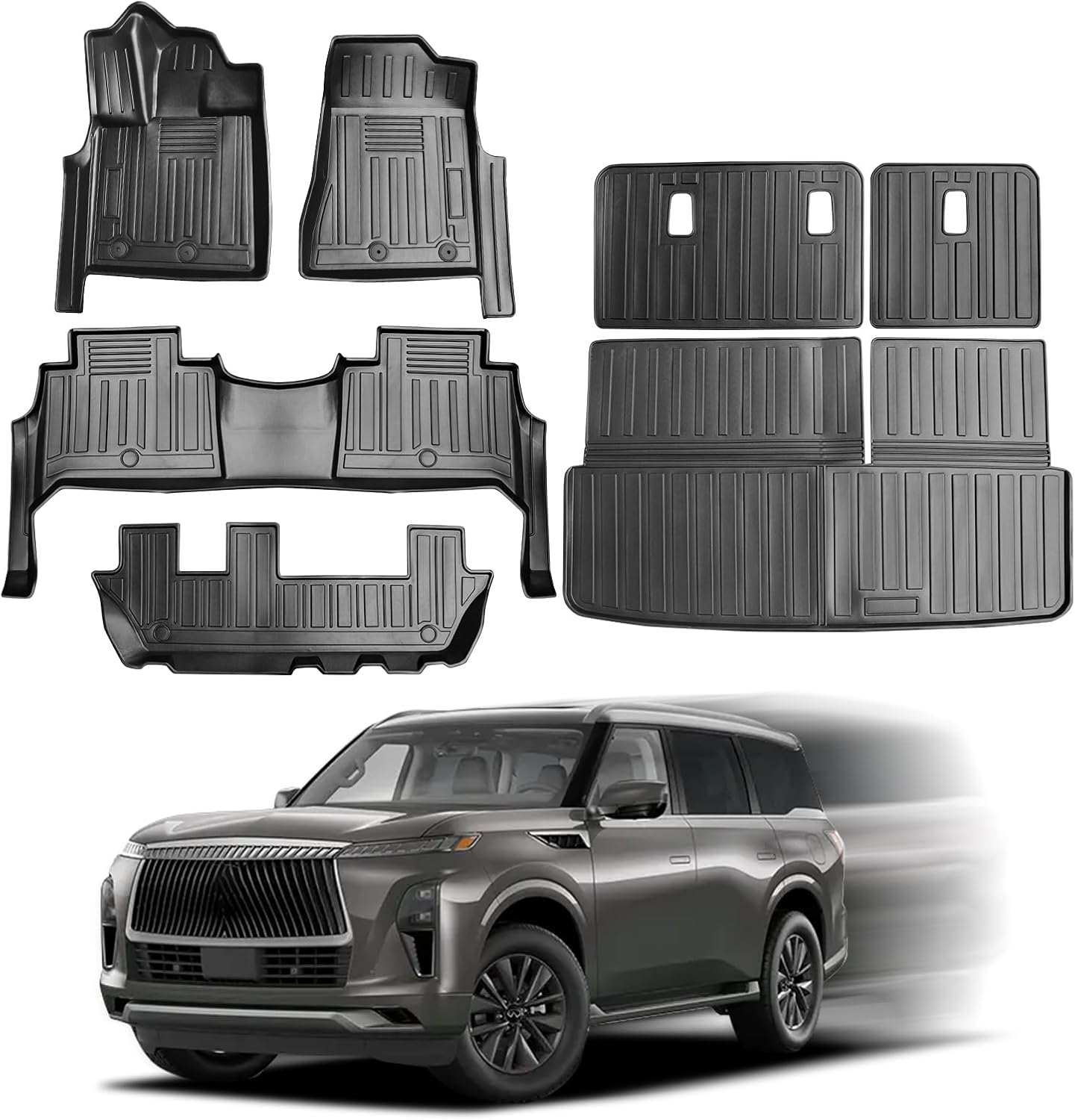 All Weather Floor Mats 3 Row Fit for 2025 2026 Nissan Armada/Infiniti QX80 Cargo Mats(8 Seats) TPE Rubber Custom Anti-Slip Tech Mats fit for 2025 2026 Nissan Armada Accessories