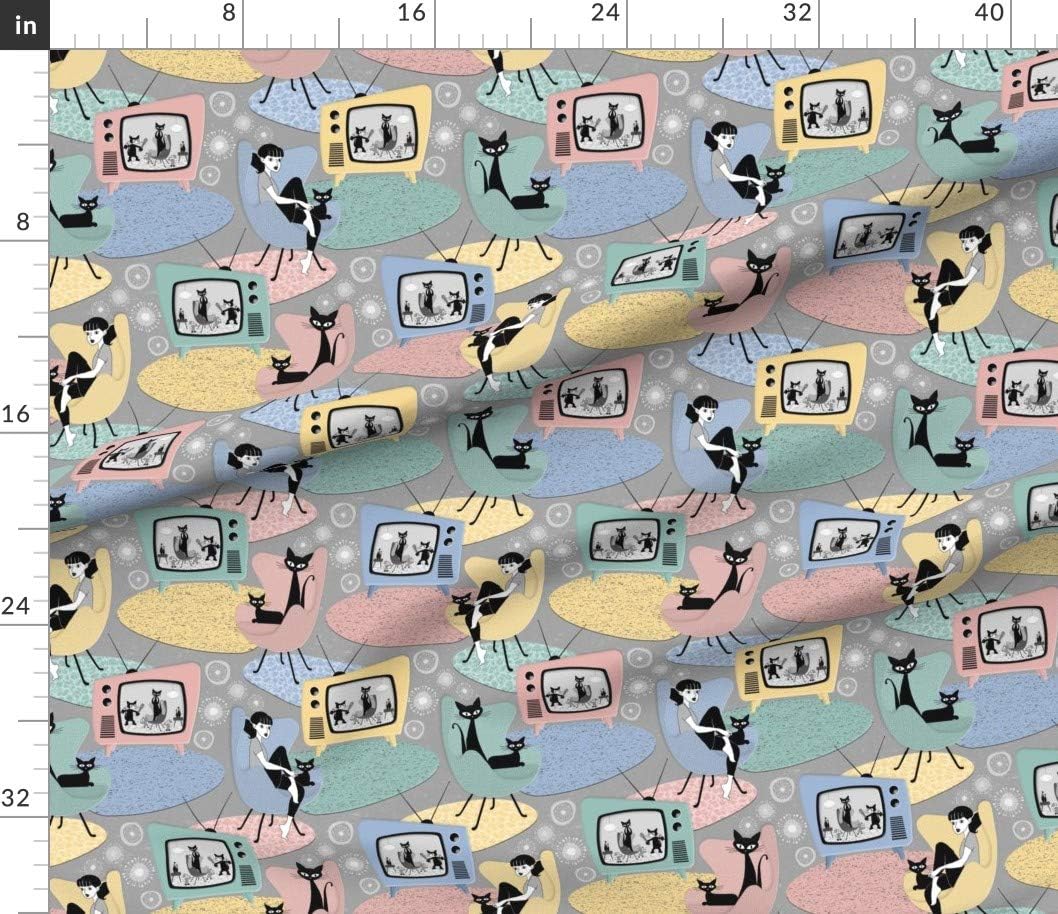 Spoonflower Fabric - 50S 1950S Pastel Television Cats Mid Century Modern Retro Novelty Printed on Petal Signature Cotton Fabric Fat Quarter - Sewing Quilting Apparel Crafts Decor
