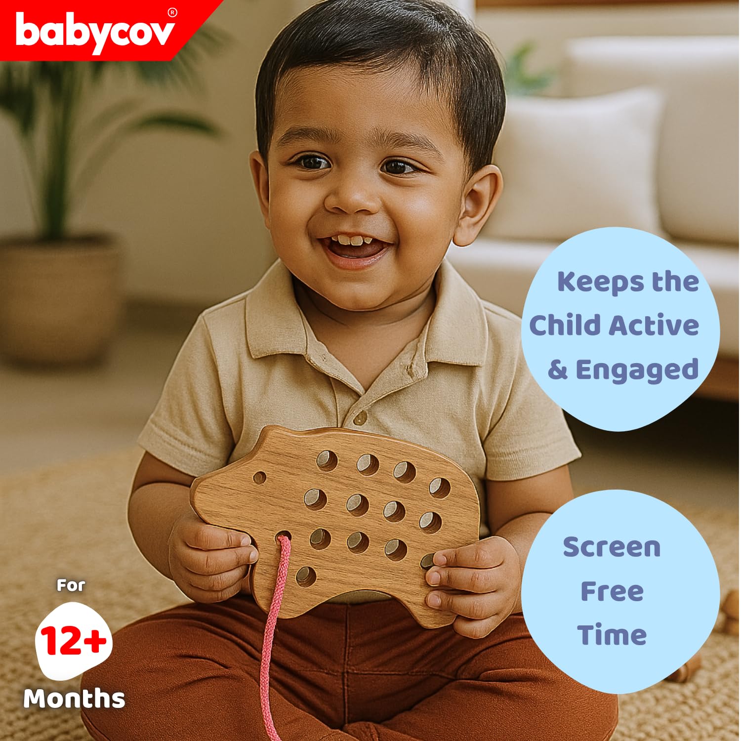 Babycov Wooden Lacing Toy for Kids | Enhance Fine Motor Skills | Hand-Eye Coordination | Screen-Free, Encourage Free Play, Creativity, & Imagination Montessori Toys (Bear) 2