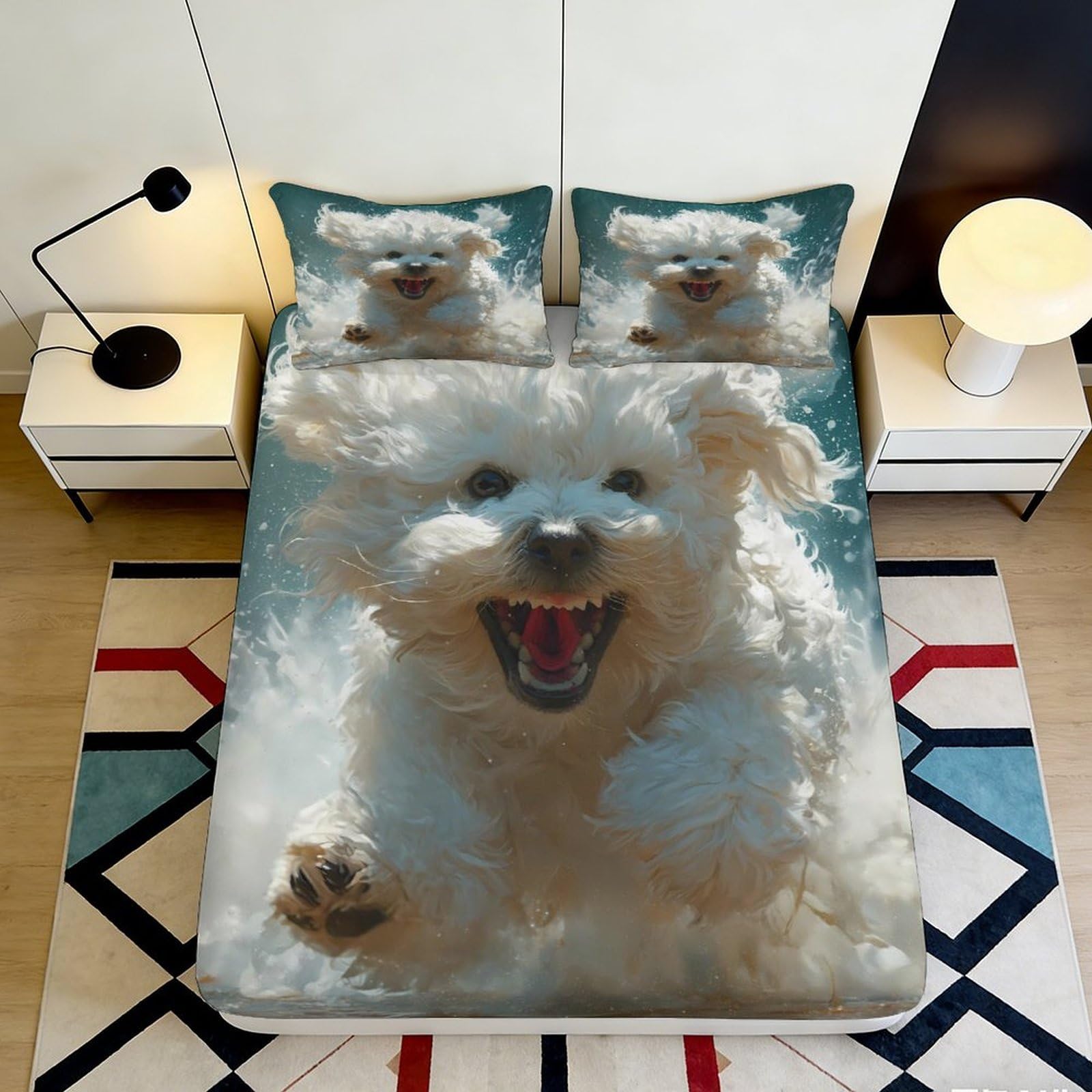 3D Printed Fluffy White Dog Fitted Sheet Microfiber Soft Breathable Puppy Bed Cover for Bedroom Guest Room Decor 90x200x25cm