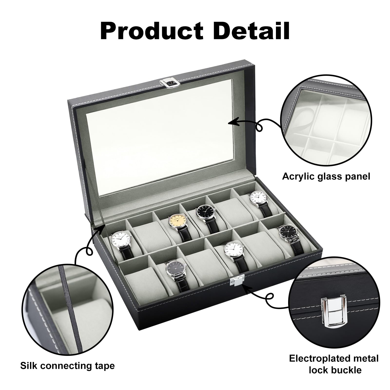 Caja de Relojes 12 Compartimentos Estuche de Relojes de PU con Cubierta de Cristal acrílico y almohadillas extraíbles unisex para regalo o almacenamiento personal