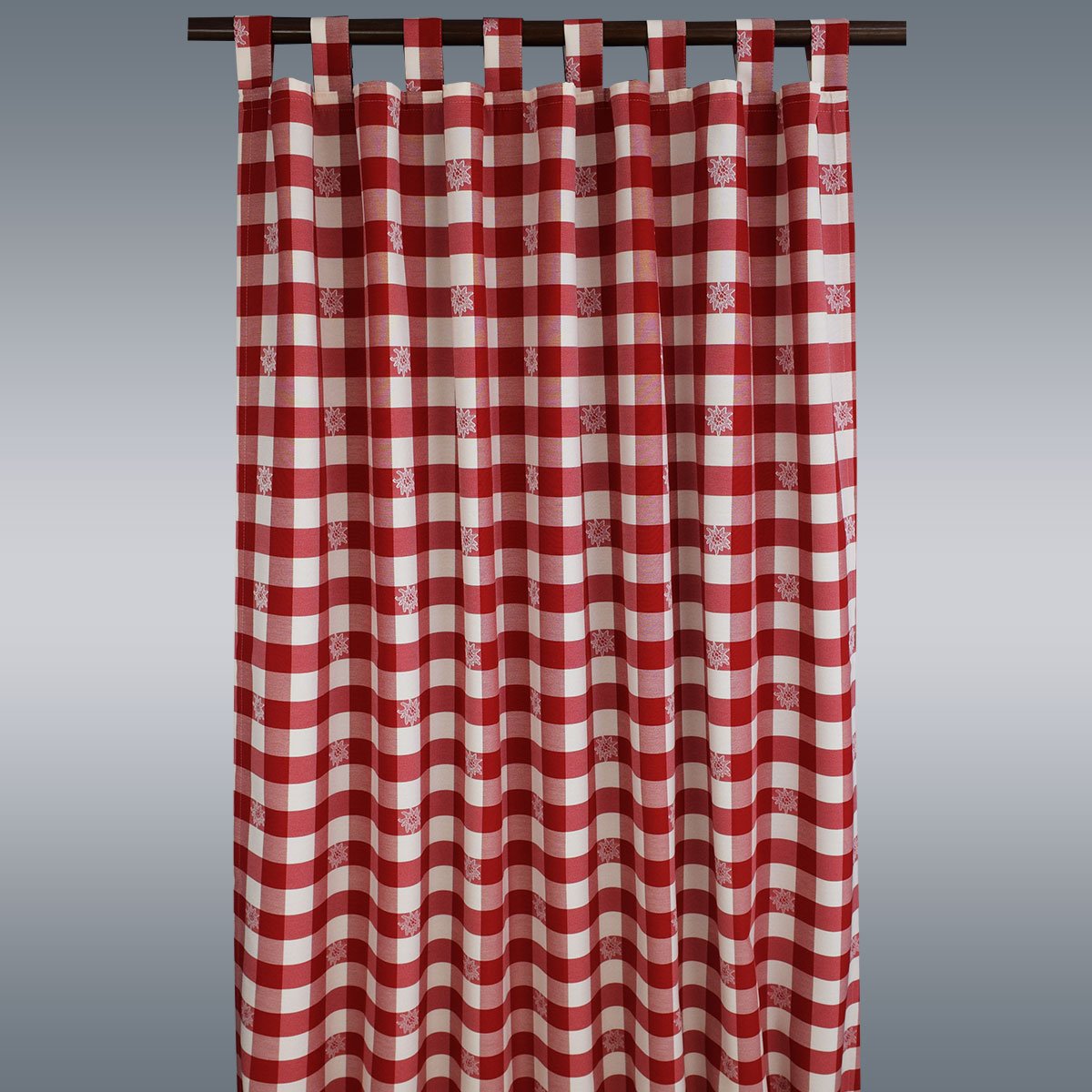 Schlaufen-Dekoschal Karo mit Edelweiß Rot | Landhaus-Vorhang rot-weiß kariert 8 Schlaufen hochwertige Webware | Übergardine für Küche, Esszimmer, Gästewohnung, Kaminzimmer Höhe x Breite 145 x 130 cm