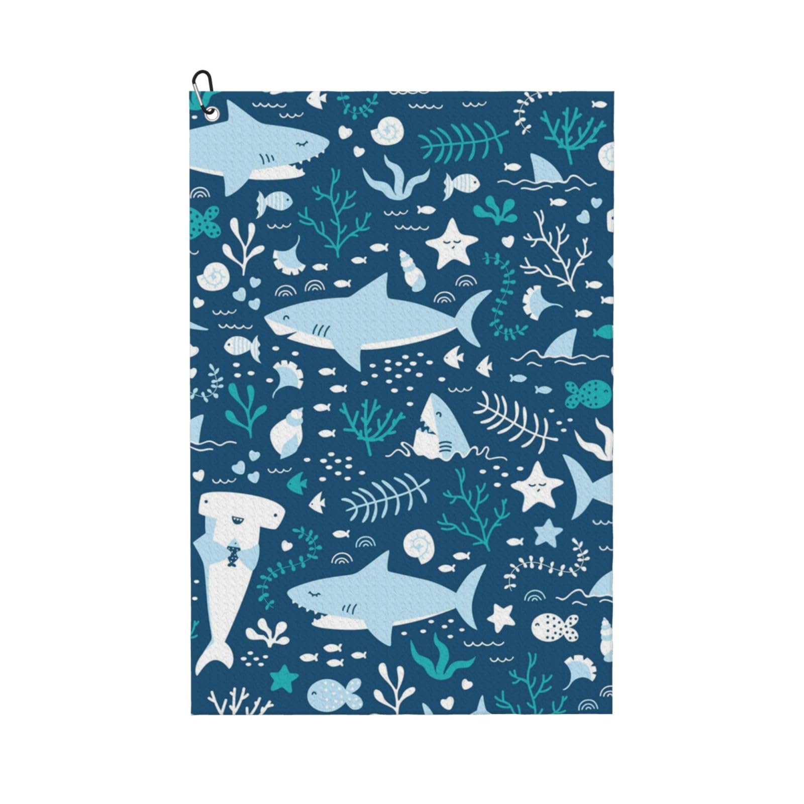 Hnnkloy Smiling Shark Sea Animals Fishes Starfish Blue, 16x24 in Portable Waffle Golf Towels with Carabiner Clip for Golf Bag