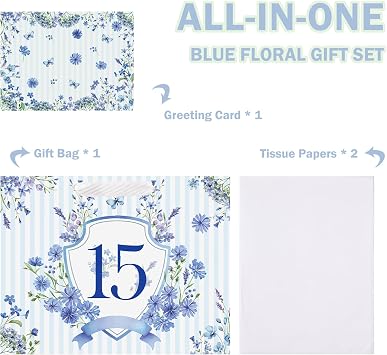Loveinside 13 Large 15th Birthday Gift Bag with Card and Tissue Paper - Blue Stripe Floral Badge Paper Bags for 15 Year Old Birthday and Keepsake Party