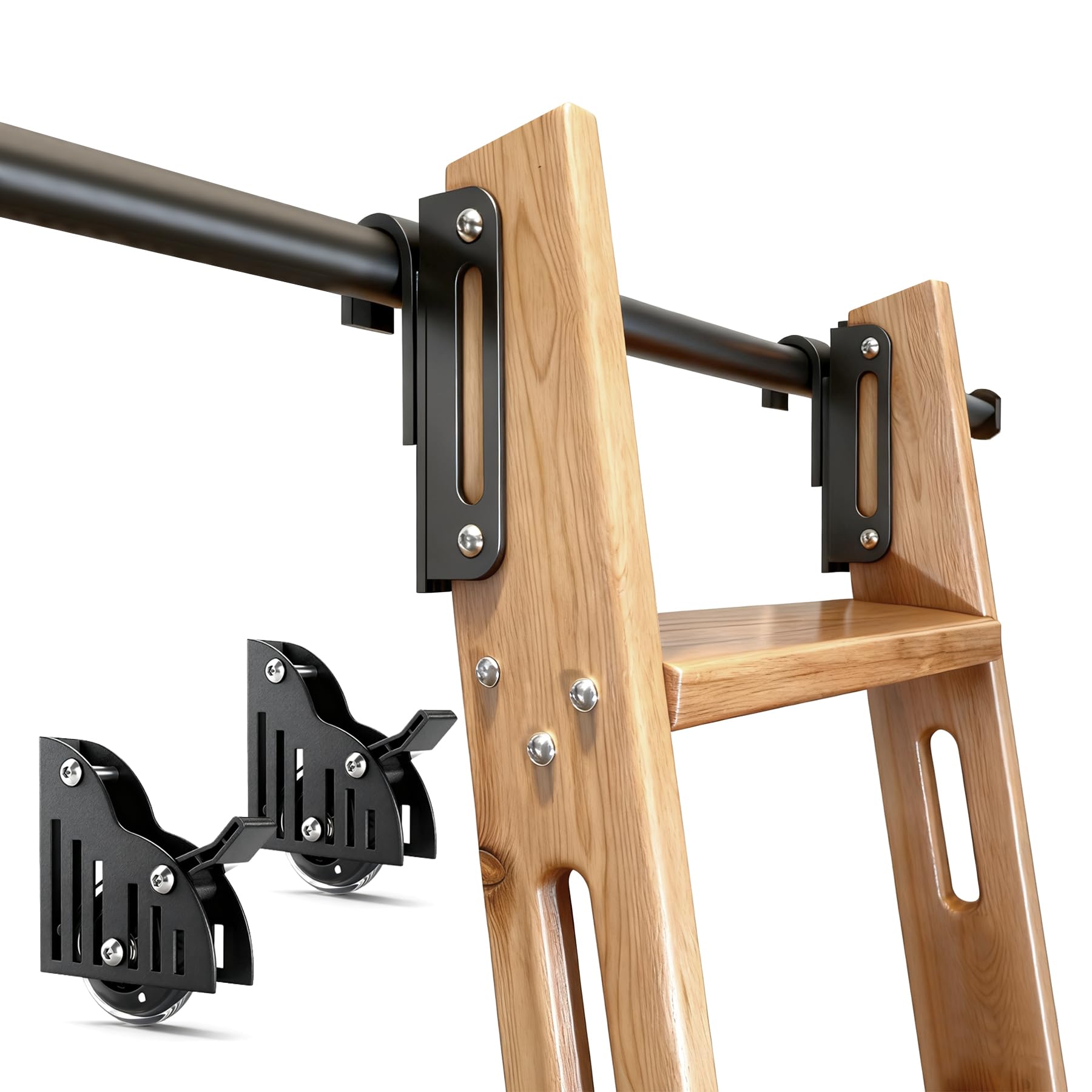 12FT Hook on Sliding Library Ladder Hardware Kit,Telescoping Upper Hook,Bottom Brake Roller, Rustic Black Finish(No Ladder)