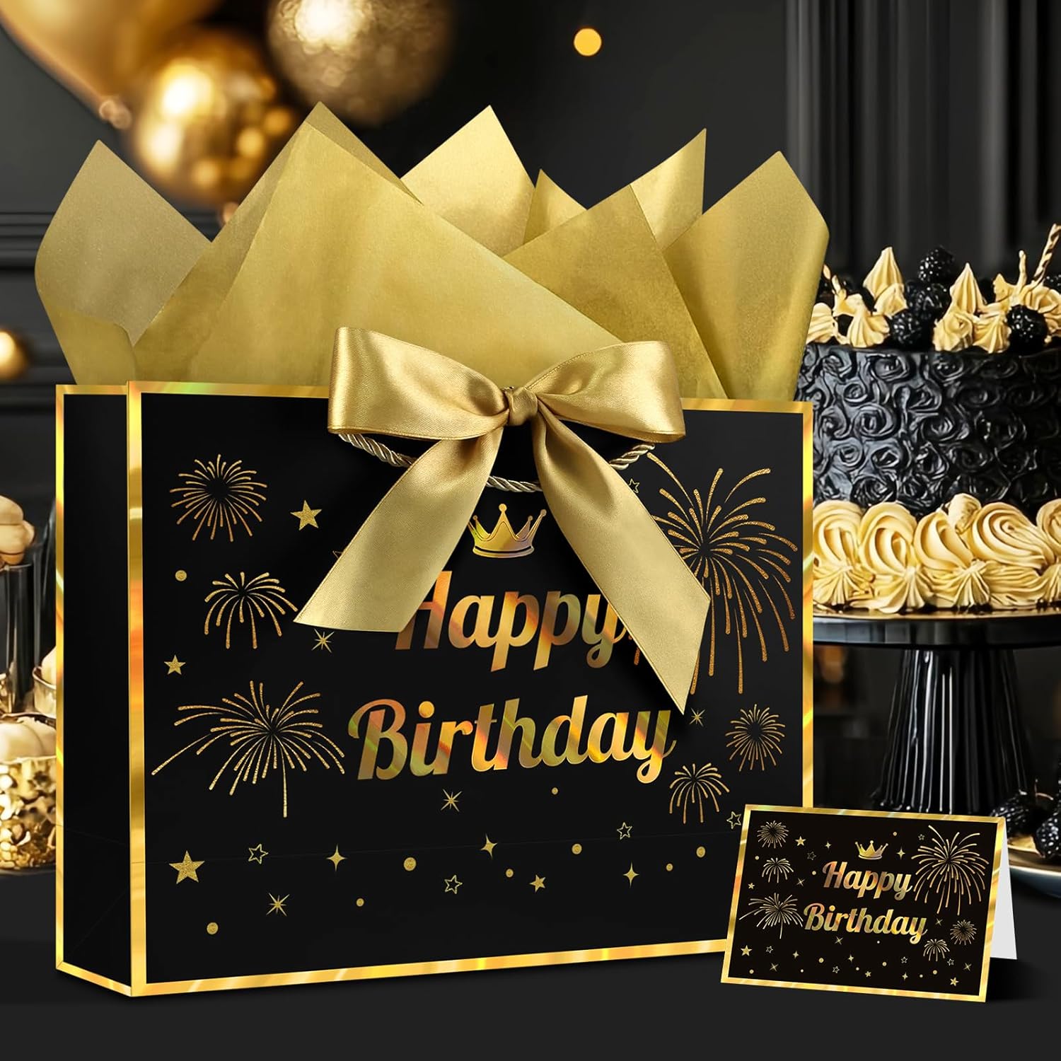 YoungTree Happy Birthday Gift Bag with Tissue Papers and 1 Greeting Card Ribbon,Portable Paper Gift Bags with Handles,Black Gold Present Bags for Happy Birthday Decorations Supplies 12.6" x 9.8" x4.3" - Image 7