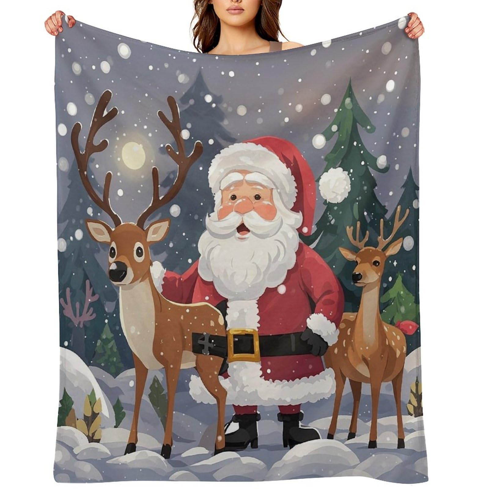 Flannel Santa Claus and Deer Elk Throw Blanket for Couch Super Soft Fuzzy Cozy Flannel Blankets No Shed No Pilling FAnti-Static Winter Bed Blanket Decorative and Giftable Blankets