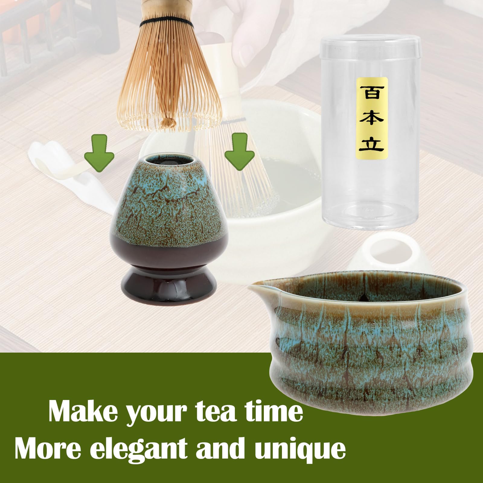 Lot de 5 accessoires à matcha avec pelle, mélangeur et support, bol à matcha en céramique, pour la préparation du matcha, bleu