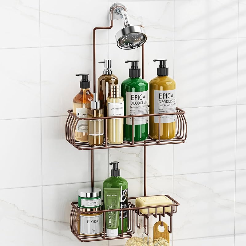 Carrito de ducha Epicano colgado sobre la cabeza, bronce | Inoxidable, 4 ganchos para toallas, esponjas y accesorios de baño, ventosas antioscilación y ganchos adhesivos