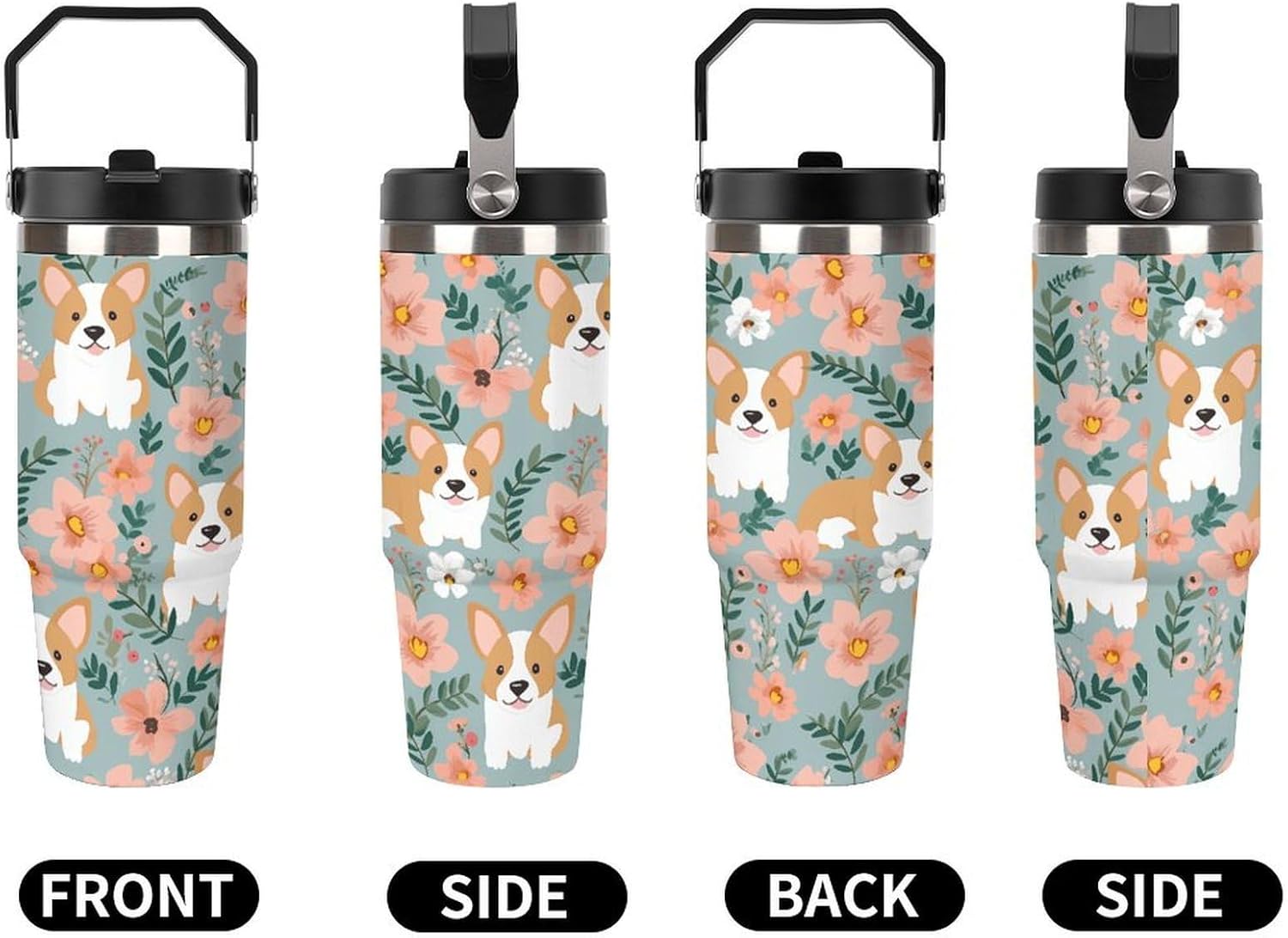 Corgi Floral Flowers Spring Garden Water Bottle 30 Oz Fits Car Cup Holder,Insulated Coffee Mug Large Capacity Car Cups,Stainless Steel Double Wall Sport Bottle for Travel Sports Gym