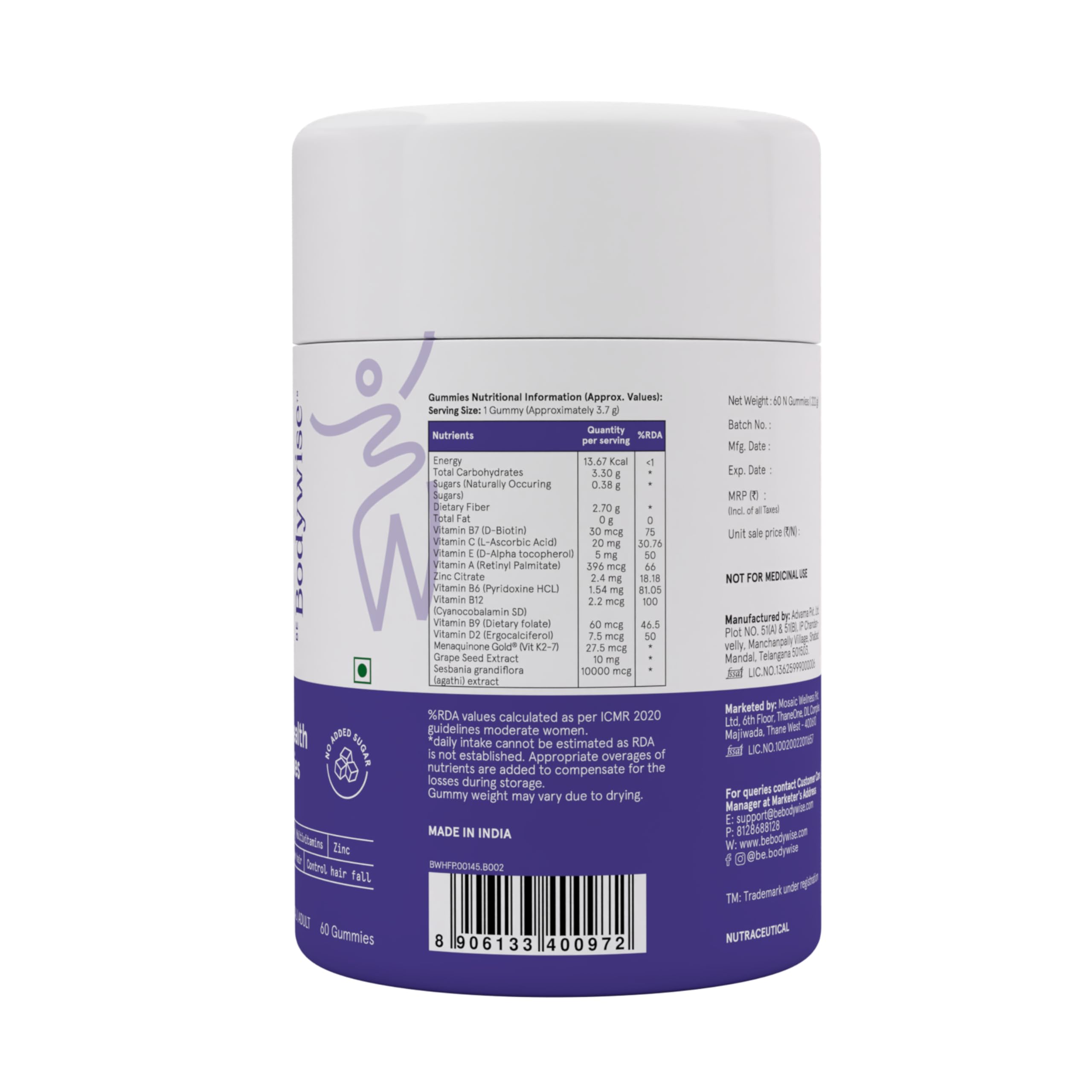 Be Bodywise Biotin Hair Gummies | 60 Days Pack | With Biotin, Zinc, Folic Acid, Fibre & Multivitamin | Strawberry Flavour | No Added Sugar & Gut Friendly 4