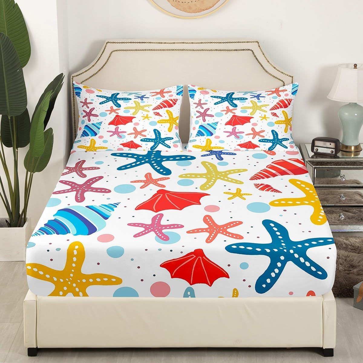 Cartoon Starfish Kids Fitted Sheet,Colorful Coastal Creature Ocean Theme Bedding Set for Kids Teens Adults,Polka Dots Print Hippie Bed Sheet with 2 Pillowcases(No Top Sheet),Queen Size 3 Pcs