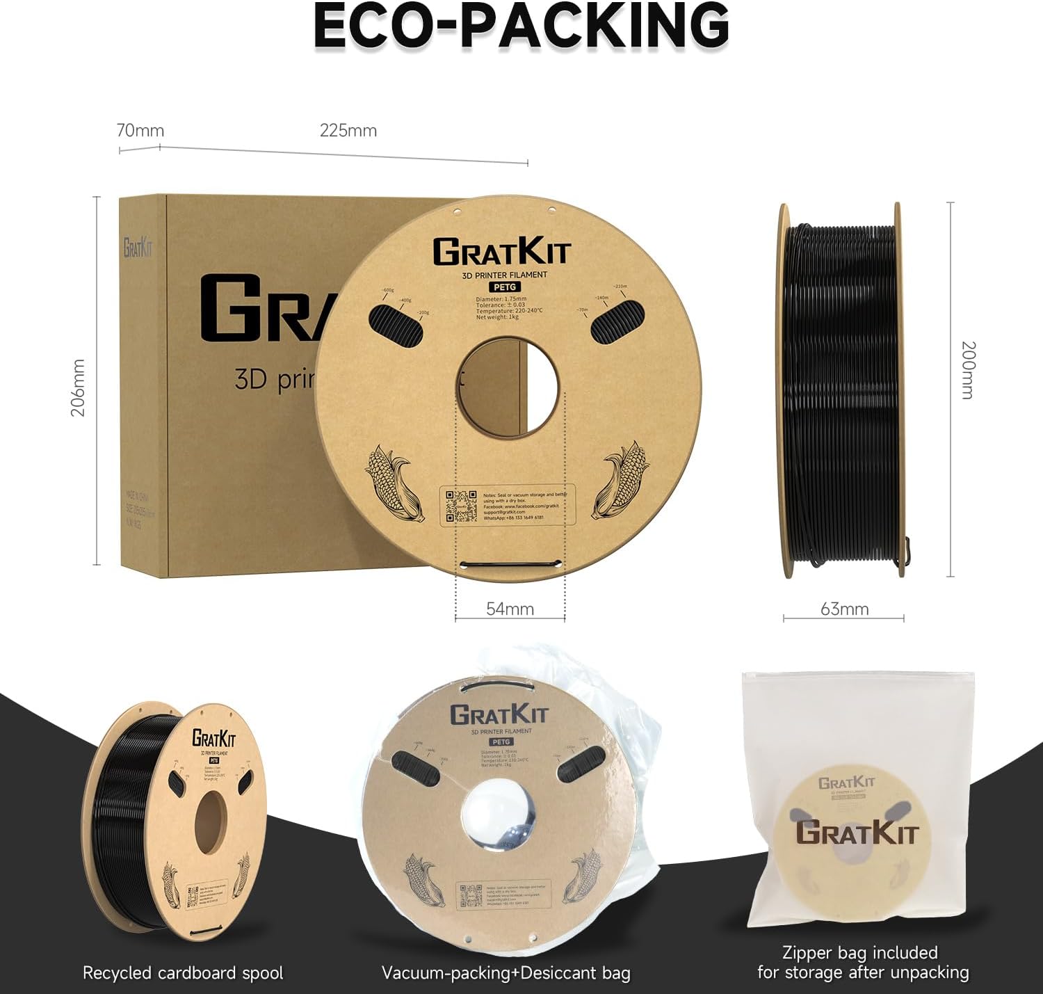 GratKit PETG 3D Printer Filament 6KG Bundle, PETG Filament 1.75mm, 3D Printing Filament Black 6 * 1KG