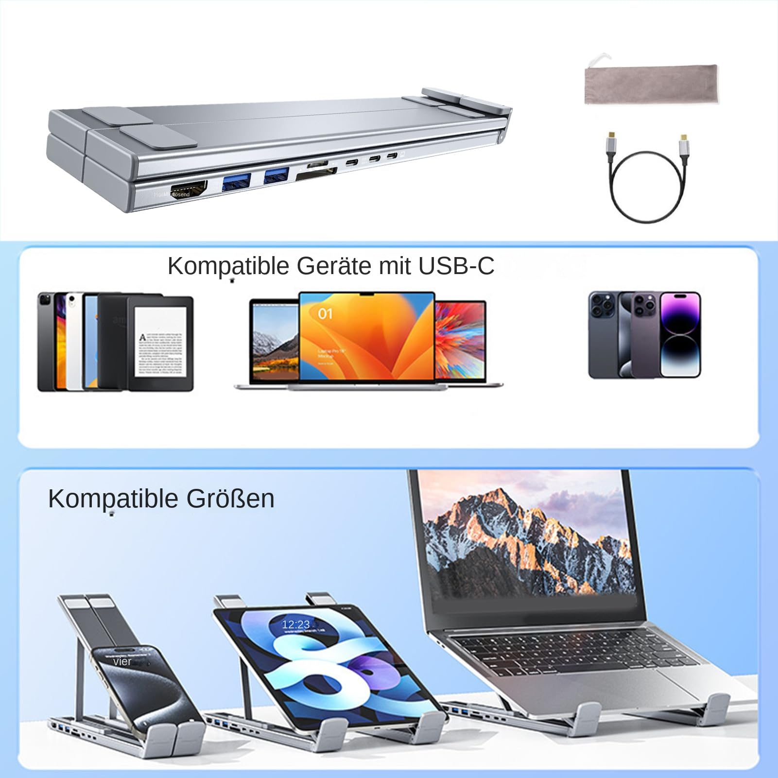 Supporto per Laptop con Docking Station Hub 8-in-1 e Rialzo per Computer | Trasferimento Dati a 5Gbps, Supporto Pieghevole con Porte USB Per Scrivania, Viaggio, Ufficio, Casa, , Lavoro, Studio