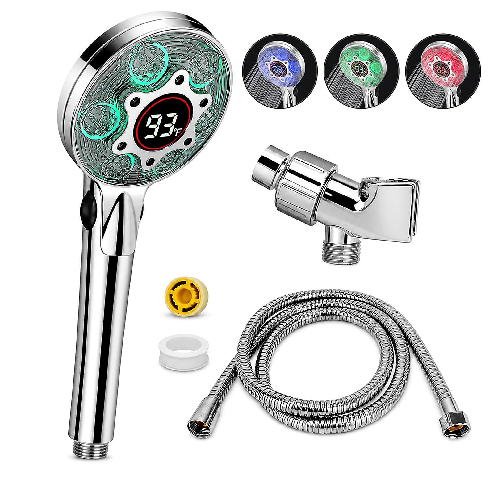 Soffione doccia a LED con palmare, cambia colore, soffione doccia ad alta pressione con display della temperatura dell'acqua, soffione a spruzzo a risparmio idrico con tubo da 150 cm e staffa doccia