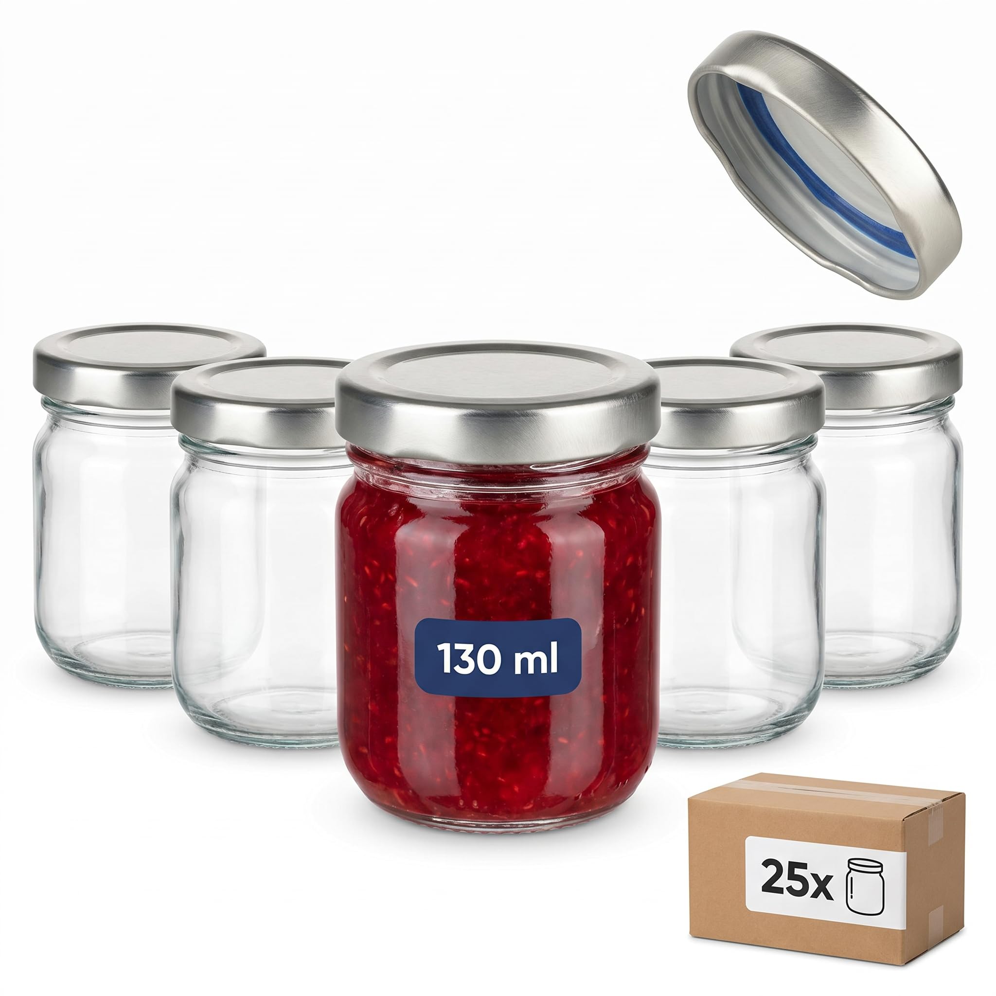 gouveo Juego de 25 tarros de conserva Helix de 125 ml con tapa de rosca plateado BS - Pequeños tarros con tapón de rosca TO53 - Tarros de rosca para mermelada, miel, especias, casero (HEG125SBS)