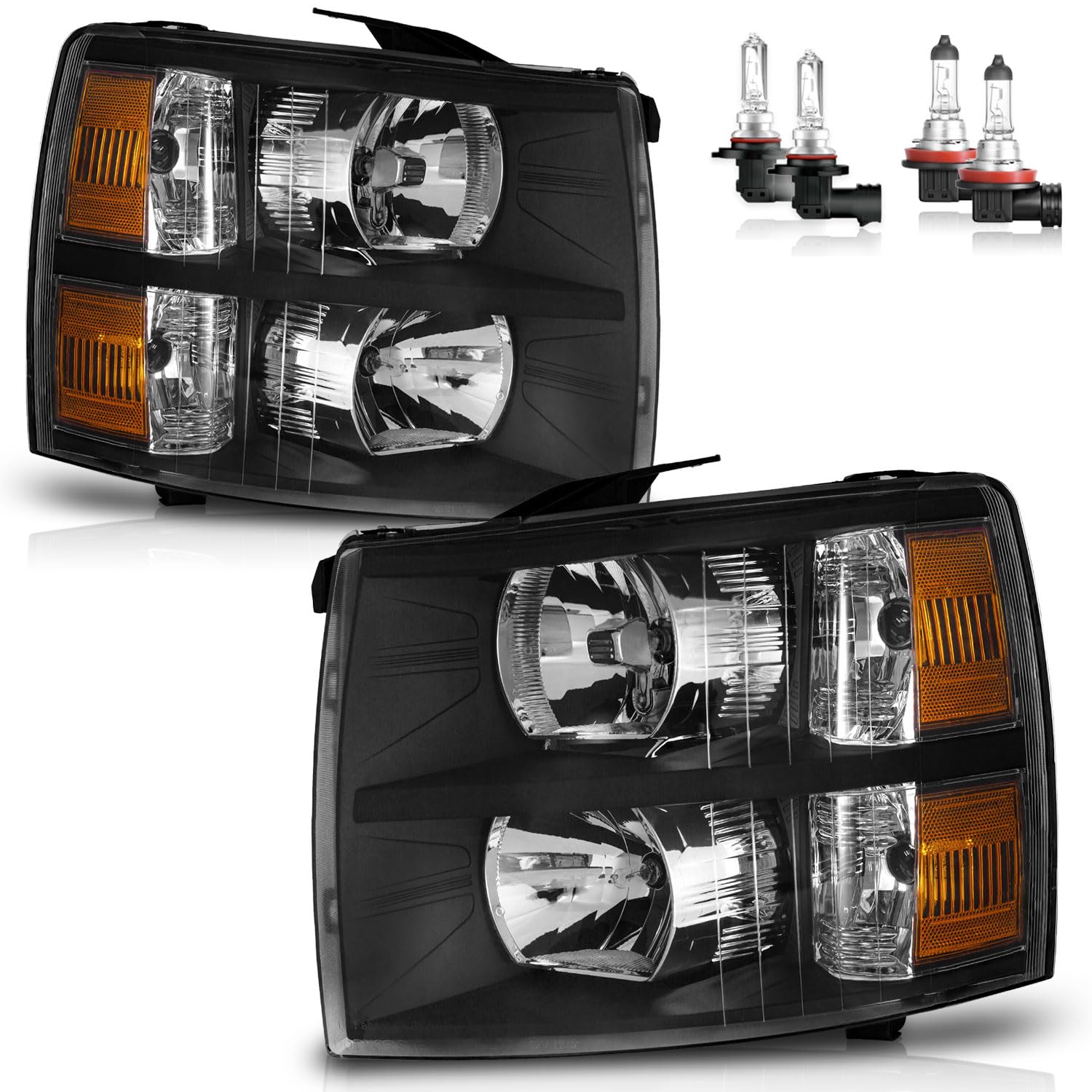 Headlights W/Bulbs for 2007-2013 Chevy Silverado 1500, for 2007-2014 Silverado 2500HD 3500HD Halogen Headlamp Replacement Driver & Passenger Side