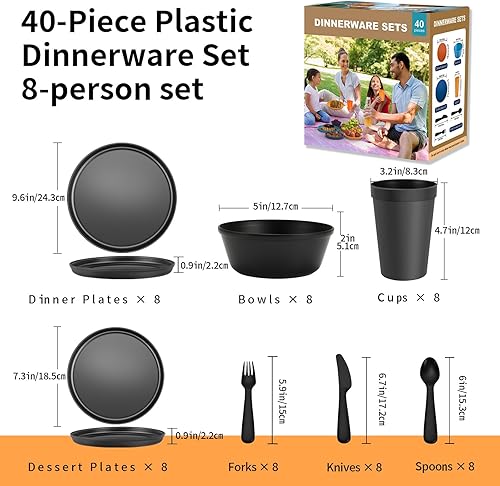Miniatura 8 de Juego de vajilla para camping de RV de 40 piezas (servicio para 8), juego de platos y cuencos aptos para microondas con cubiertos, platos de