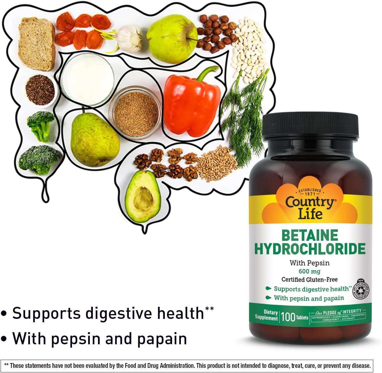 Betaine Hydrochloride with Pepsin, 600mg, 100 Tablets, Certified Gluten Free