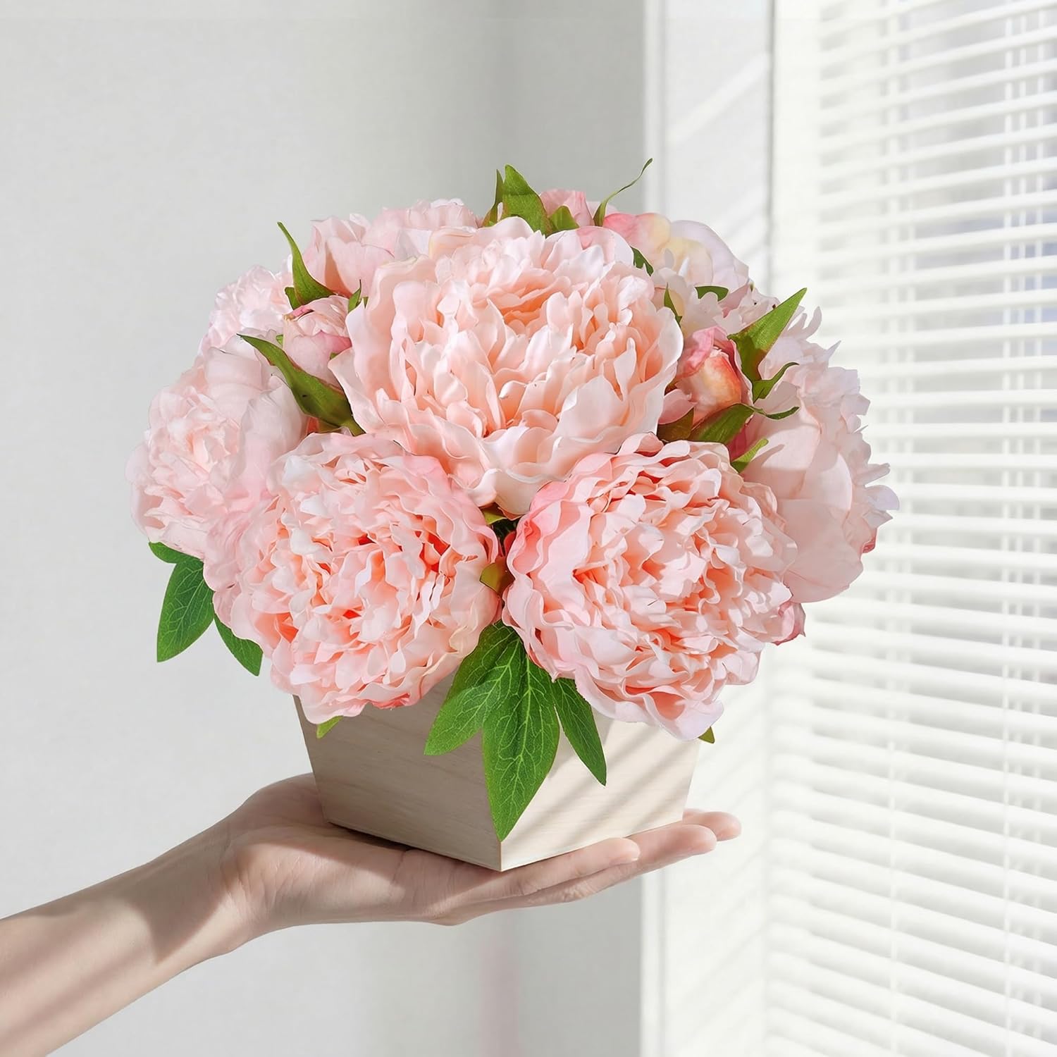 Artificial Peonies Flowers with Wood Planter, 12Pcs Light Pink Silk Floral Arrangements Home Decor, Centerpieces for Tables, Flower Bulk with Vase, Real Look Peony for Office Washroom