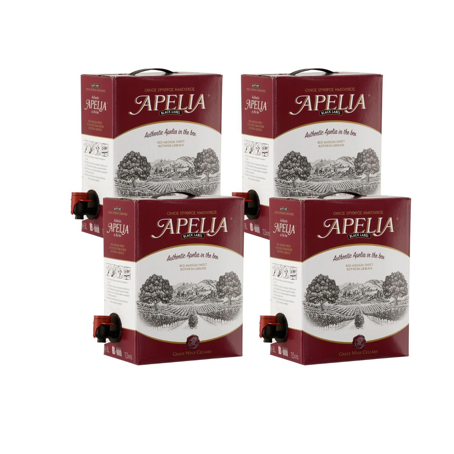 Imiglykos Black Label Apelia Bag-In-Box 4x 3,0l | Lieblicher Rotwein | Imiglykos | 11,5% Vol. | Kourtaki | + 20ml Jassas Olivenöl