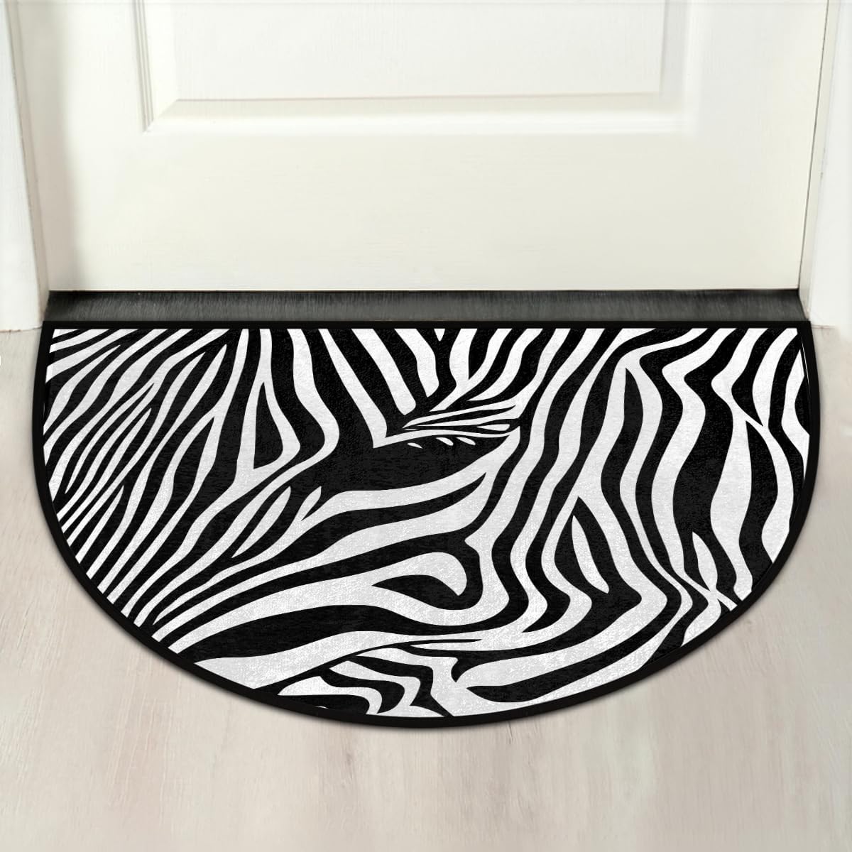 AUUXVA White Black Zebra Print Half Round Door Mat Indoor Entrance, Animal Skin Pattern Non Slip Absorbent Doormats, 24 x 36 Wear Resistant Semi Circle Floor Mats Area Rugs for Home Kitchen Patio