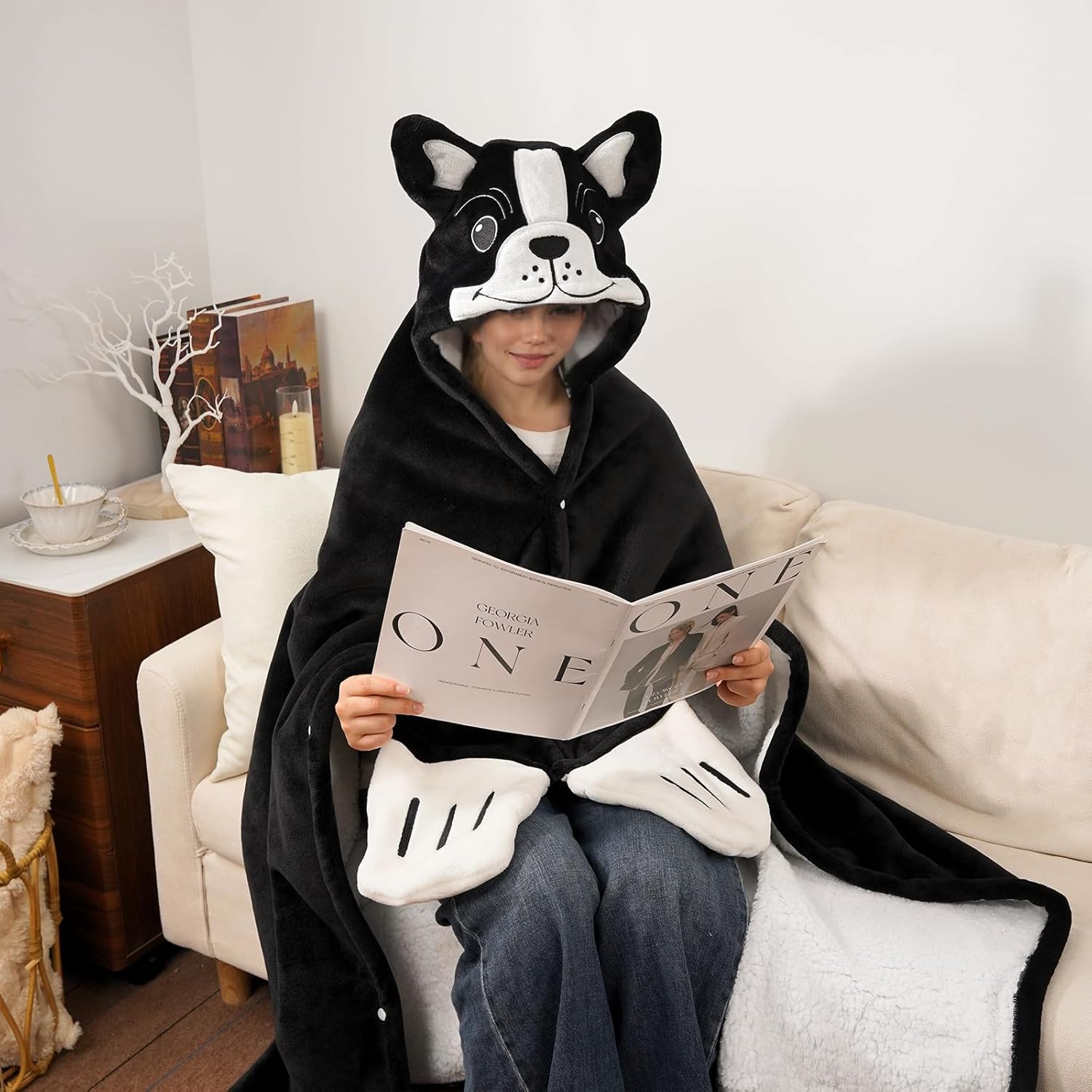 Tian Zhun French Bulldog Gifts for Women French Bulldog Wearable Blanket Fluffy Super Soft Flannel Adult Animal Hooded Blanket for Women Mothers Day Christmas Birthday