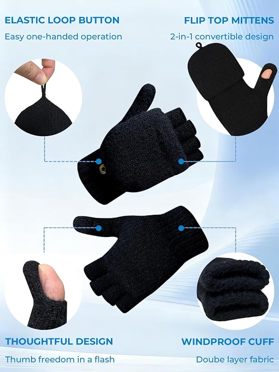 Convertible Fingerless Wool Gloves - Thermal Fleece Lined Winter Mittens with Flip Top for Women Men