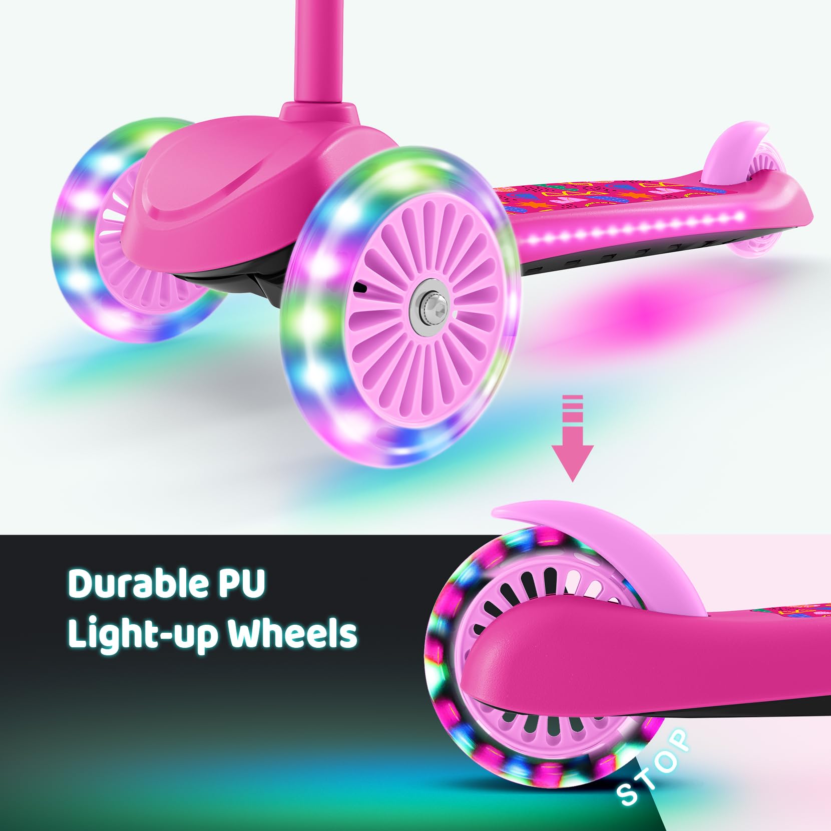 BremToy Patinete Niños 3 Años, Patinete Niños con Deck Luminosa y Ruedas LED de PU, Altura Regulable en 4 Niveles, Frenado Responsivo, Ligero, Patinete para Principiantes de 3 a 8 Años