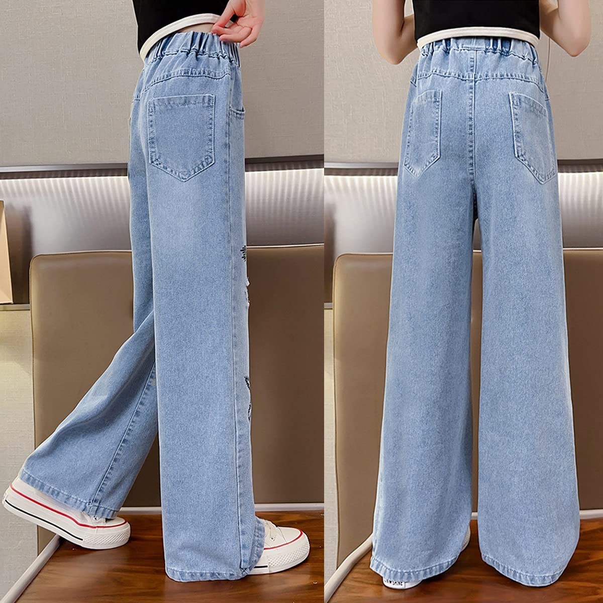 Jeans rasgados para niñas y niñas, cintura elástica, pierna ancha, holgados, talla 5-14 años