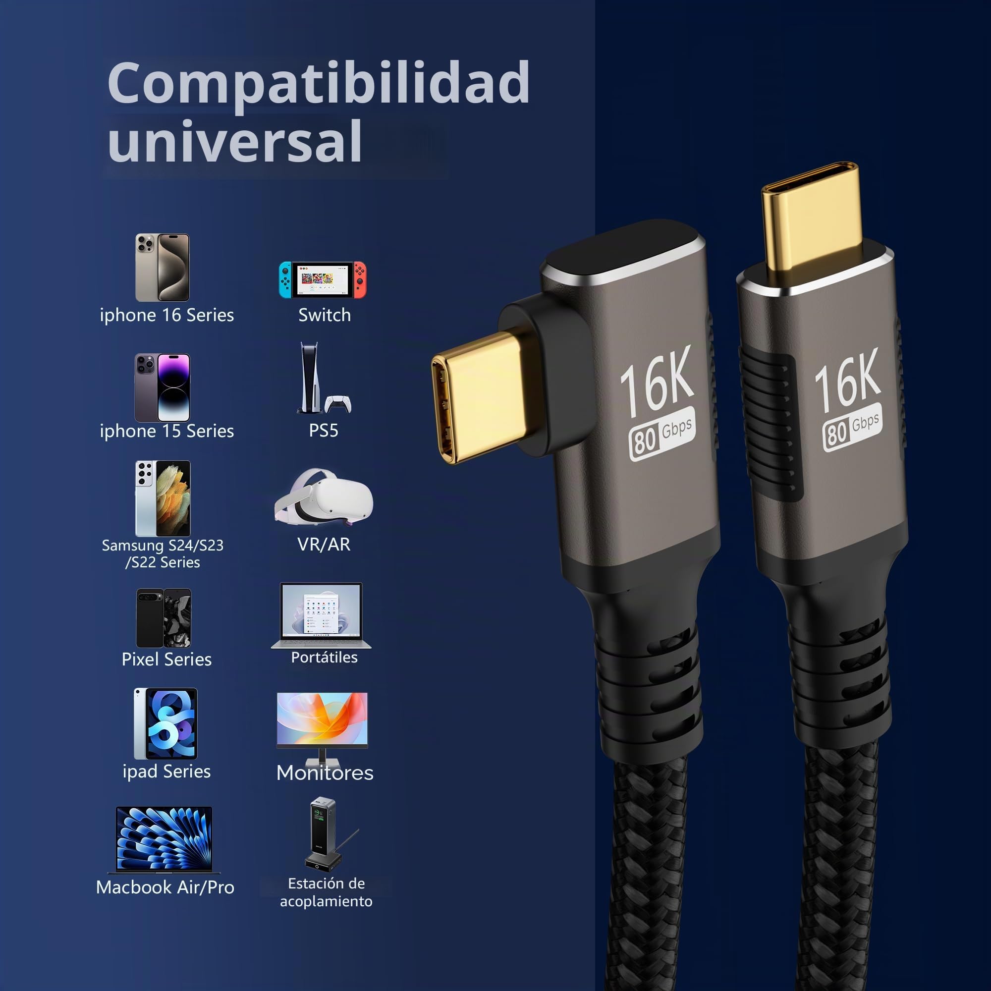 Cable Tipo C ángulo recto largo 3 m Compatible Con Thunderbolt 5/4,Cable USB5 80Gbps Transferencia de Datos,90 Grados USBC Carga Rapida 240W,16K@60Hz/8K@120Hz para Display,SSD,Dock,eGPU