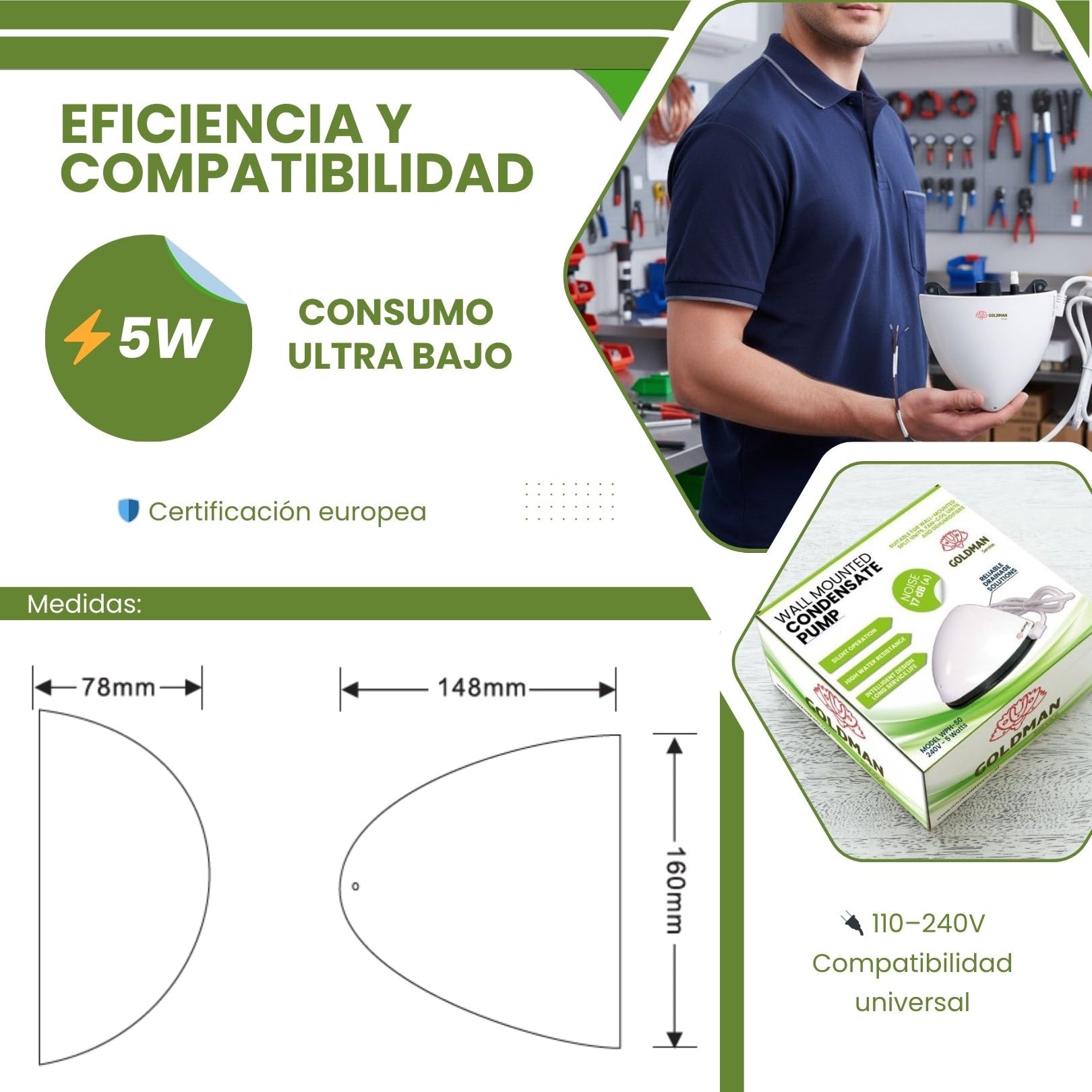 GOLDMAN SERVICE | Bomba de Condensados Aire Acondicionado Mural 20m Elevación | Bomba Desagüe Split Ultra Silenciosa 17dB | Sistema Alarma Integrado | 5W Bajo Consumo