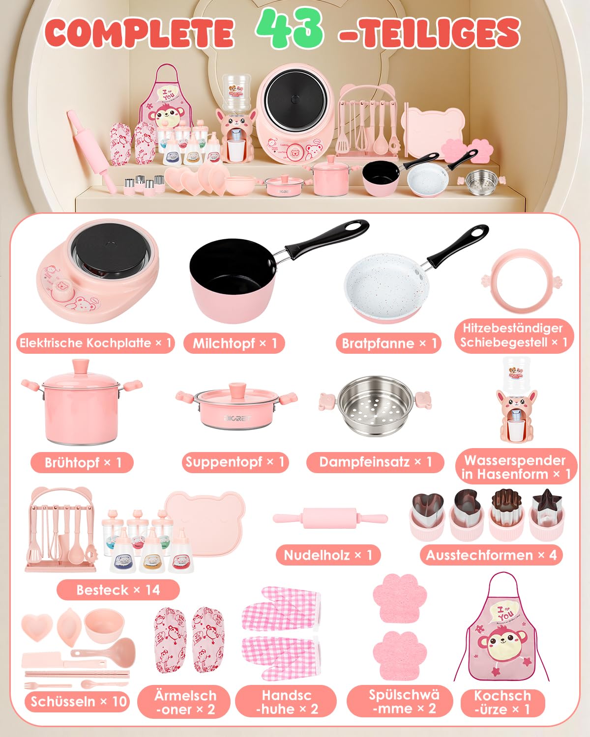 Juego de cocina para niños, 42 piezas, accesorio completo para la cocina de los niños, con juego completo de ollas para 8-12 años, para cocinar y preparar (rosa claro)