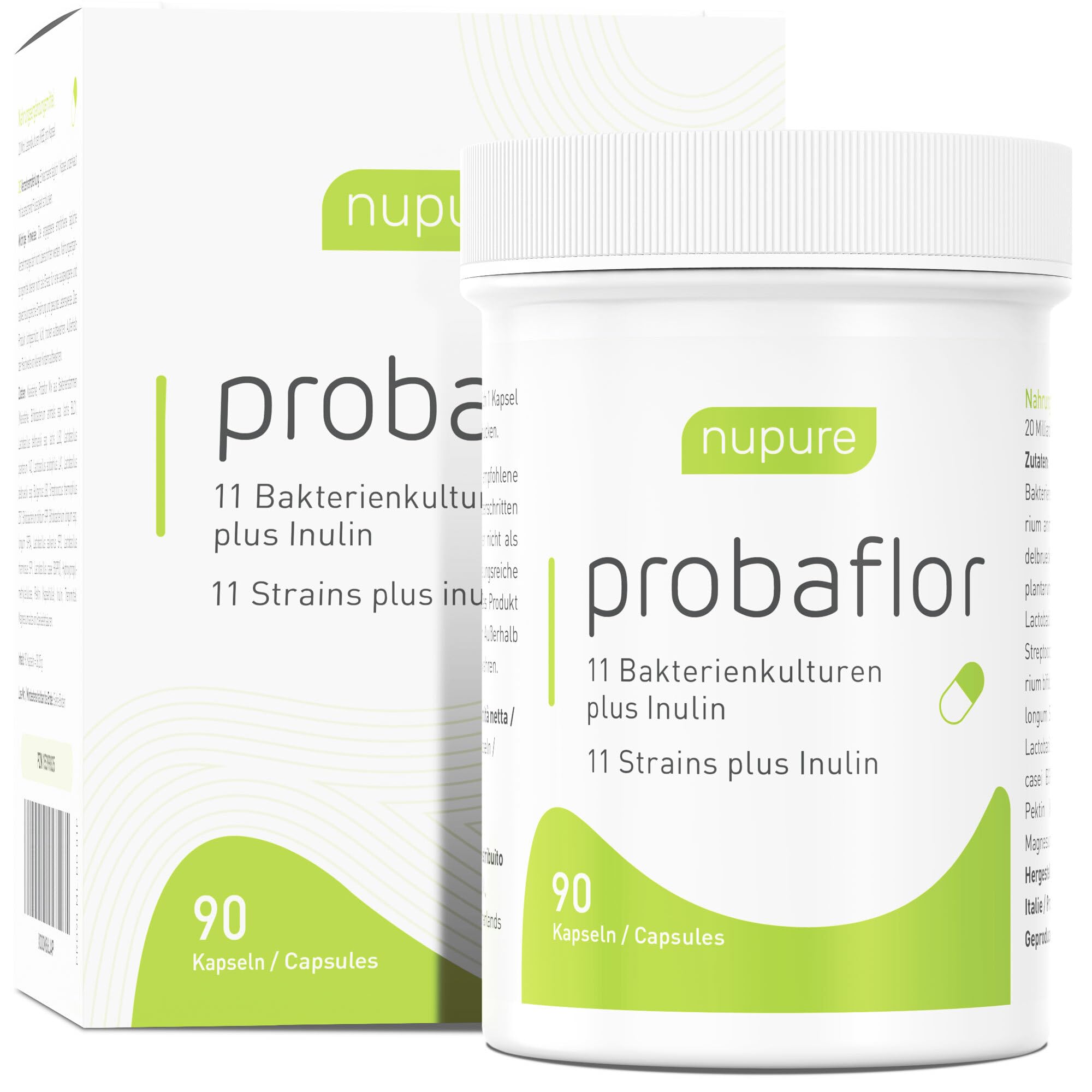 Nupure Probaflor 90-90 cápsulas + Inulina - 11 cepas - Gastrorresistente - Complejo de cultivo con bacterias ácido lácticas y bifidobacterias - Suministro para 3 meses