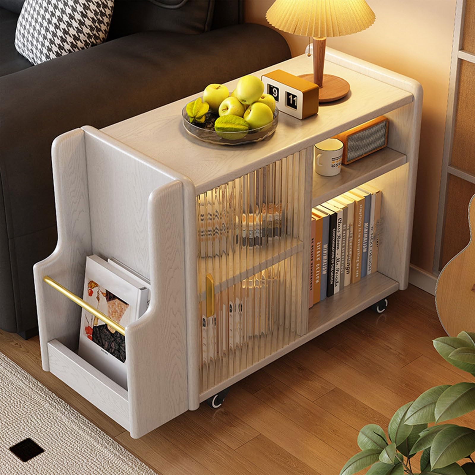 Table d'appoint en bois massif avec rangement et finition blanche