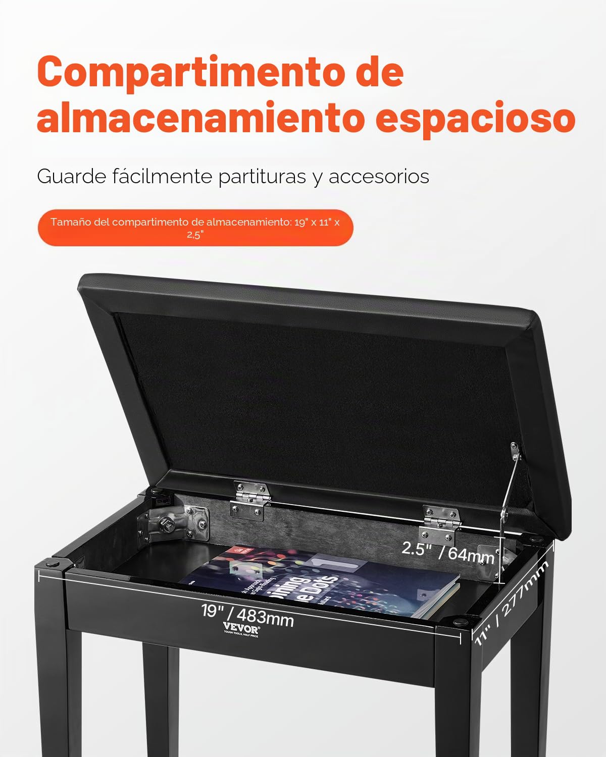 VEVOR Banco de Piano 560 x 350 x 485 mm Silla de Piano con Cojín Acolchado de Alta Densidad Almacenamiento para Libros de Música Taburete de Madera para Piano para Tocador, Sala de Estar, Dormitorio