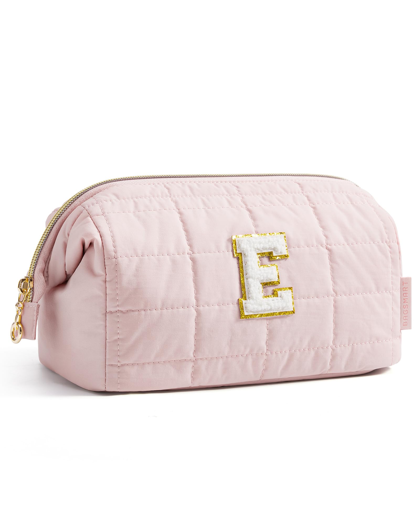 BAGSMART Birthday Gifts Personalized Initial Makeup Bag, Trendy Stuff Gifts for Women Bridesmaid Graduation, Puffy Padded Make Up Bags for Women, Wide-open Toiletry Bag, Pink E