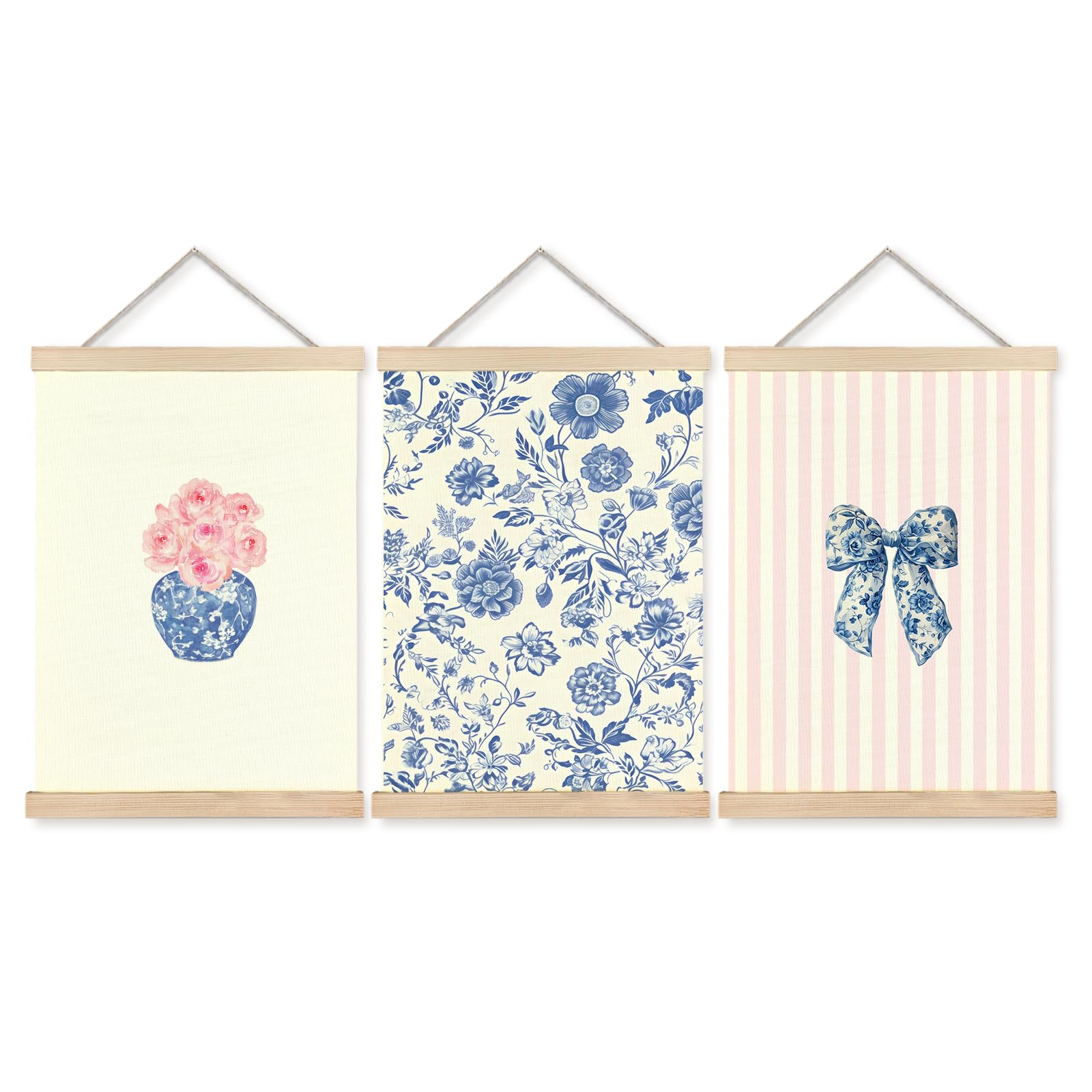 Nipil Blue and White Chinoiserie Floral Wall Art Set of 3,Coquette Bow Grand Millenial Chinoiserie Porcelain Pink Floral Wall Art for Home Bedroom