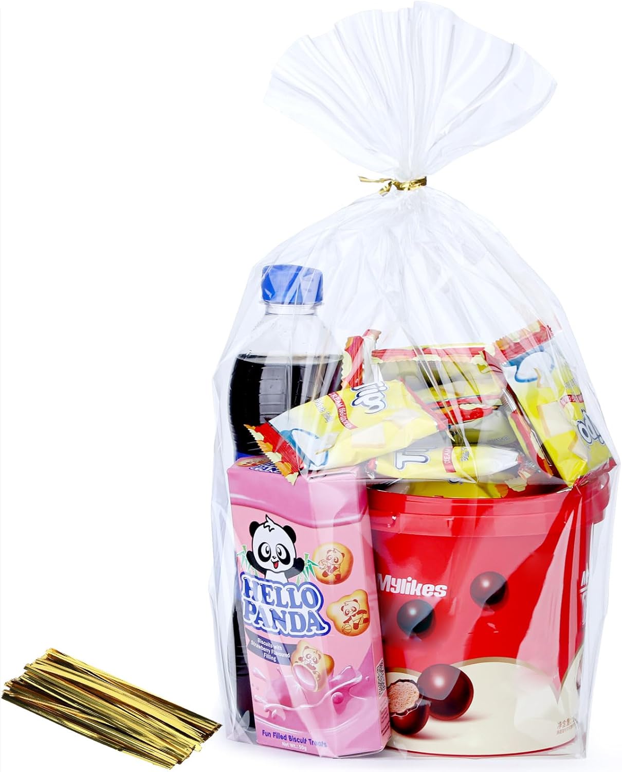 50Pcs 12X16 inch Bottom Gusset Bags Clear Cellophane Gift Wrap Wrapping Plastic Large Cello Bags for Party Favors Treats Mug with 5″ Twist Ties